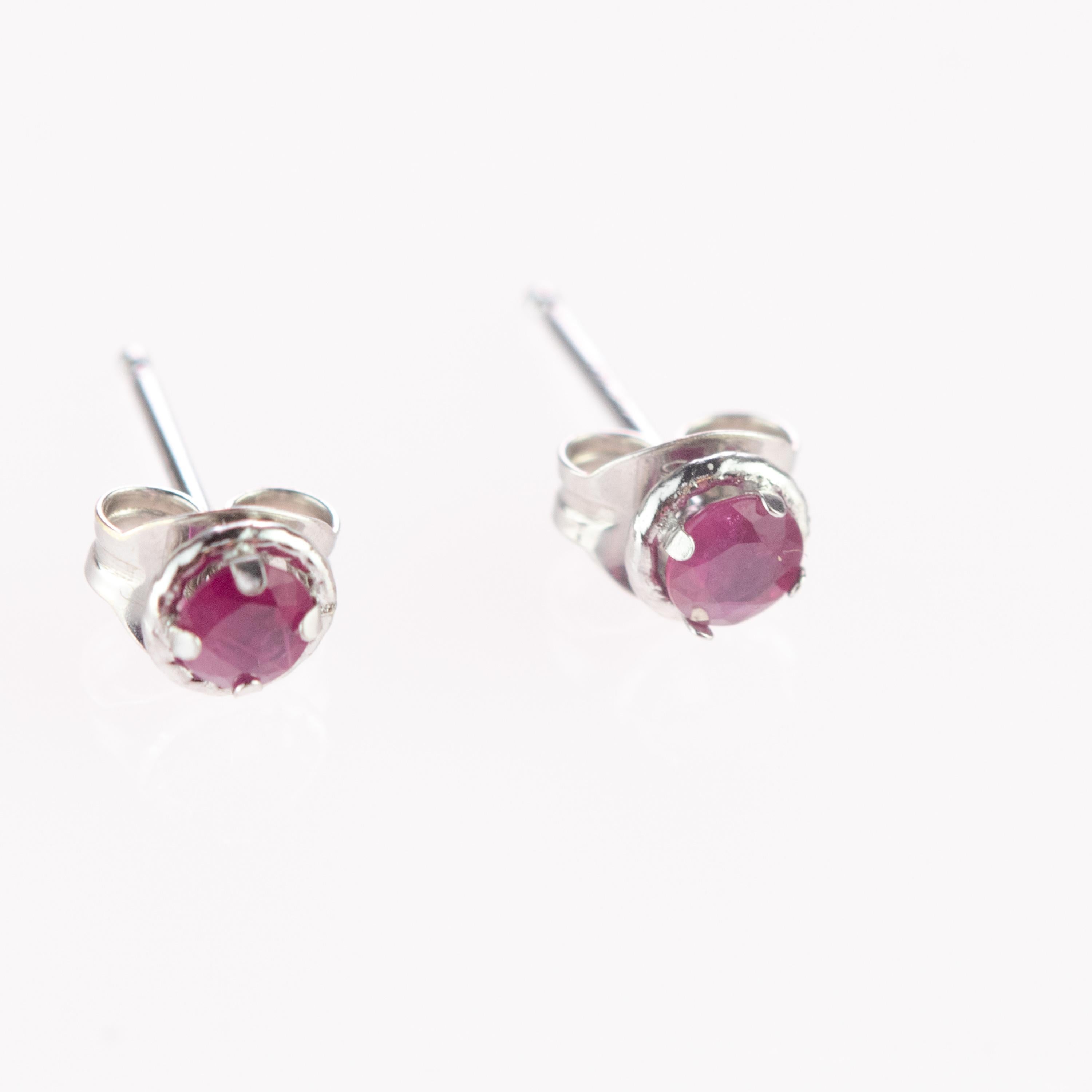 Women's Intini Jewels Ruby 18 Karat White Gold Round Stud Cocktail Handmade Earrings For Sale