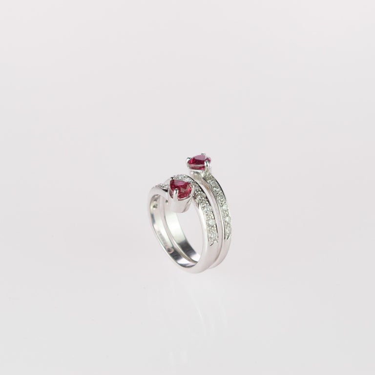 Brilliant Cut Intini Jewels Ruby Diamond 18 Karat White Gold Spiral Contrarie Ring For Sale