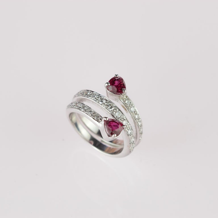 Intini Jewels Ruby Diamond 18 Karat White Gold Spiral Contrarie Ring For Sale 2