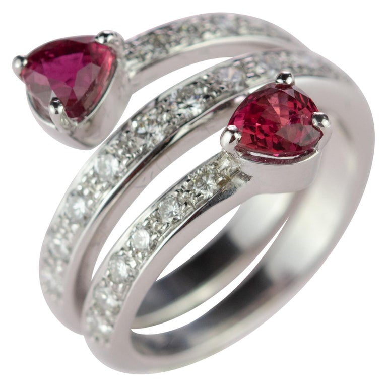 Intini Jewels Ruby Diamond 18 Karat White Gold Spiral Contrarie Ring For Sale