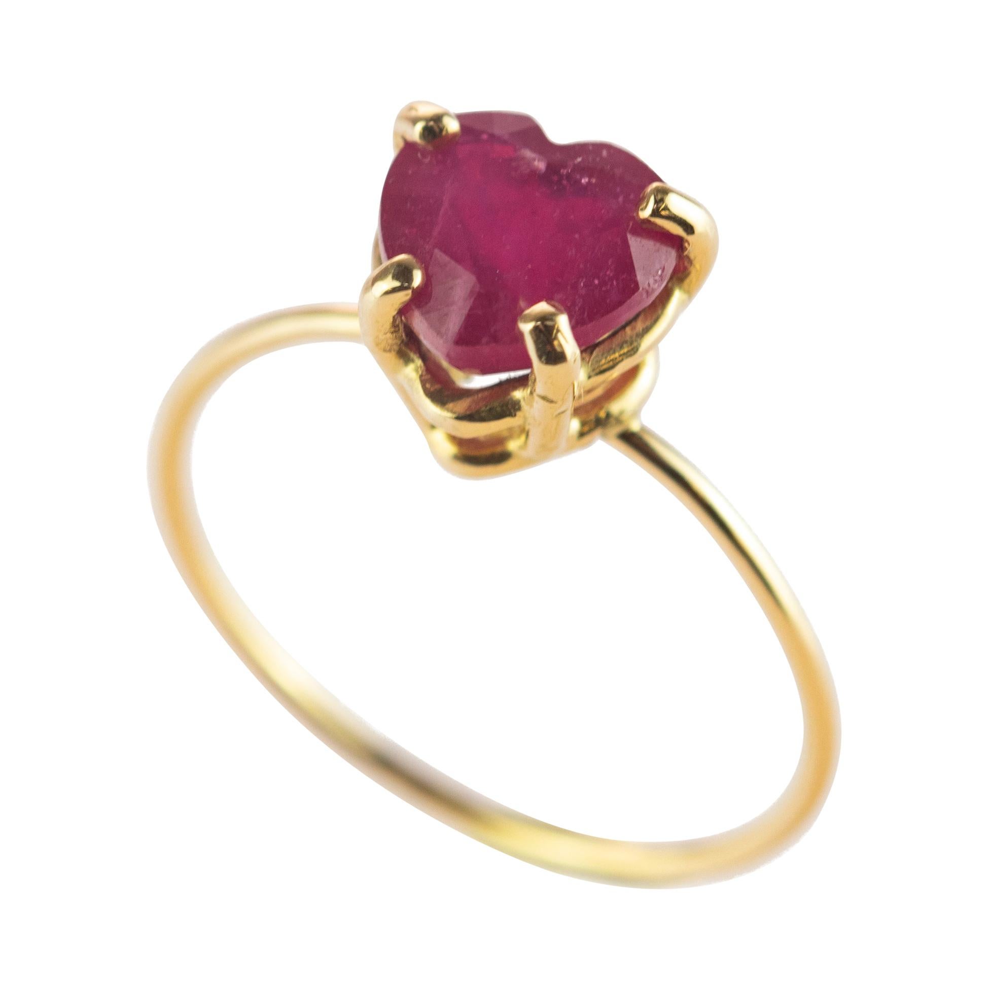 Intini Jewels Ruby Heart 18 Karat Yellow Gold Valentine's Romantic Love Ring For Sale