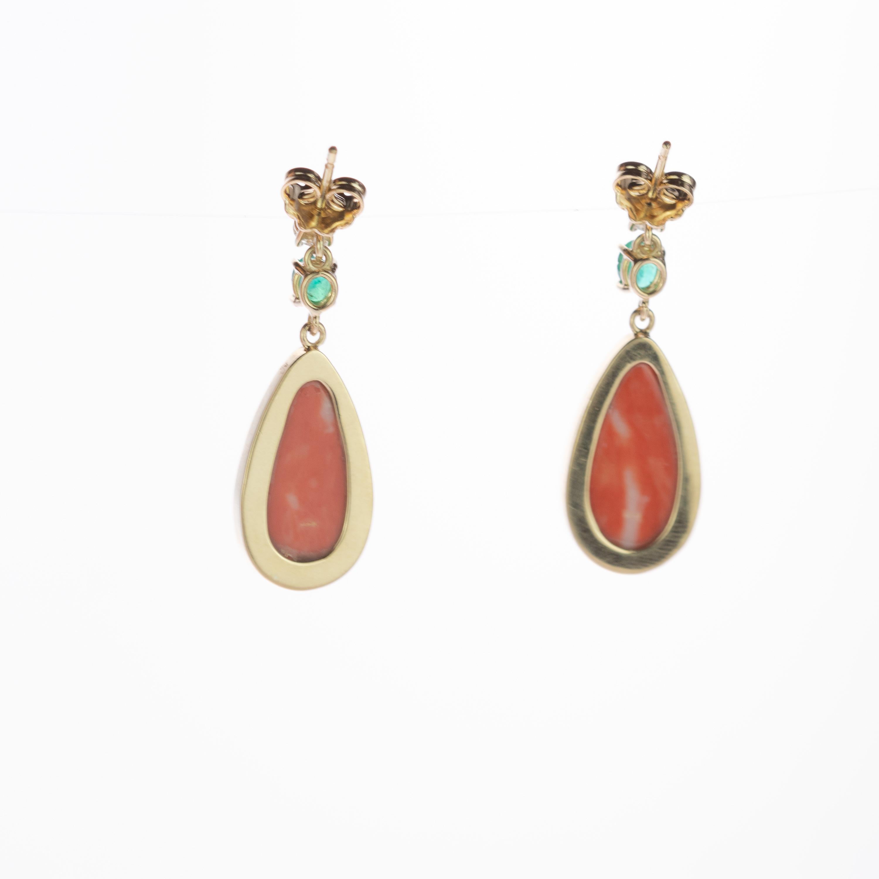 Intini Jewels Salmon Coral Tear Emerald Diamond 18 Karat Gold Chic Drop Earrings For Sale 1