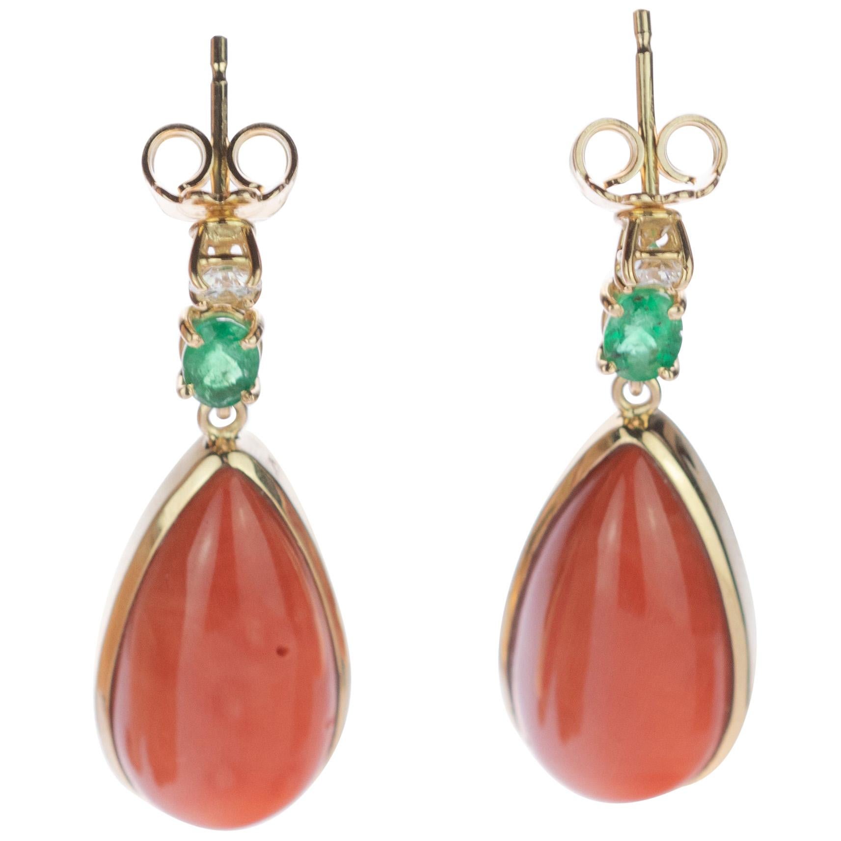 Intini Jewels Salmon Coral Tear Emerald Diamond 18 Karat Gold Chic Drop Earrings For Sale