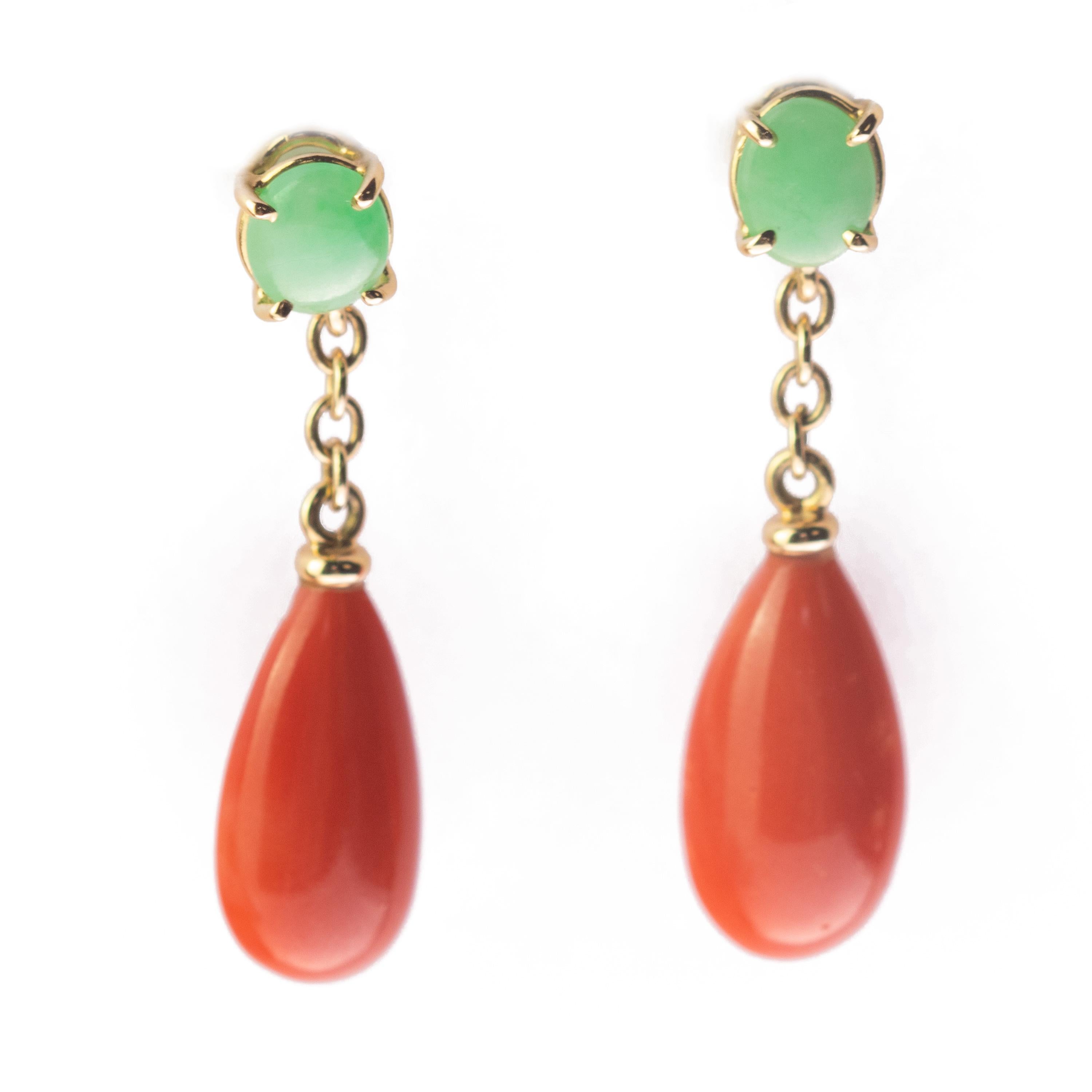 Mixed Cut Intini Jewels Salmon Coral Tear Jade 18 Karat Gold Chic Drop Earrings For Sale