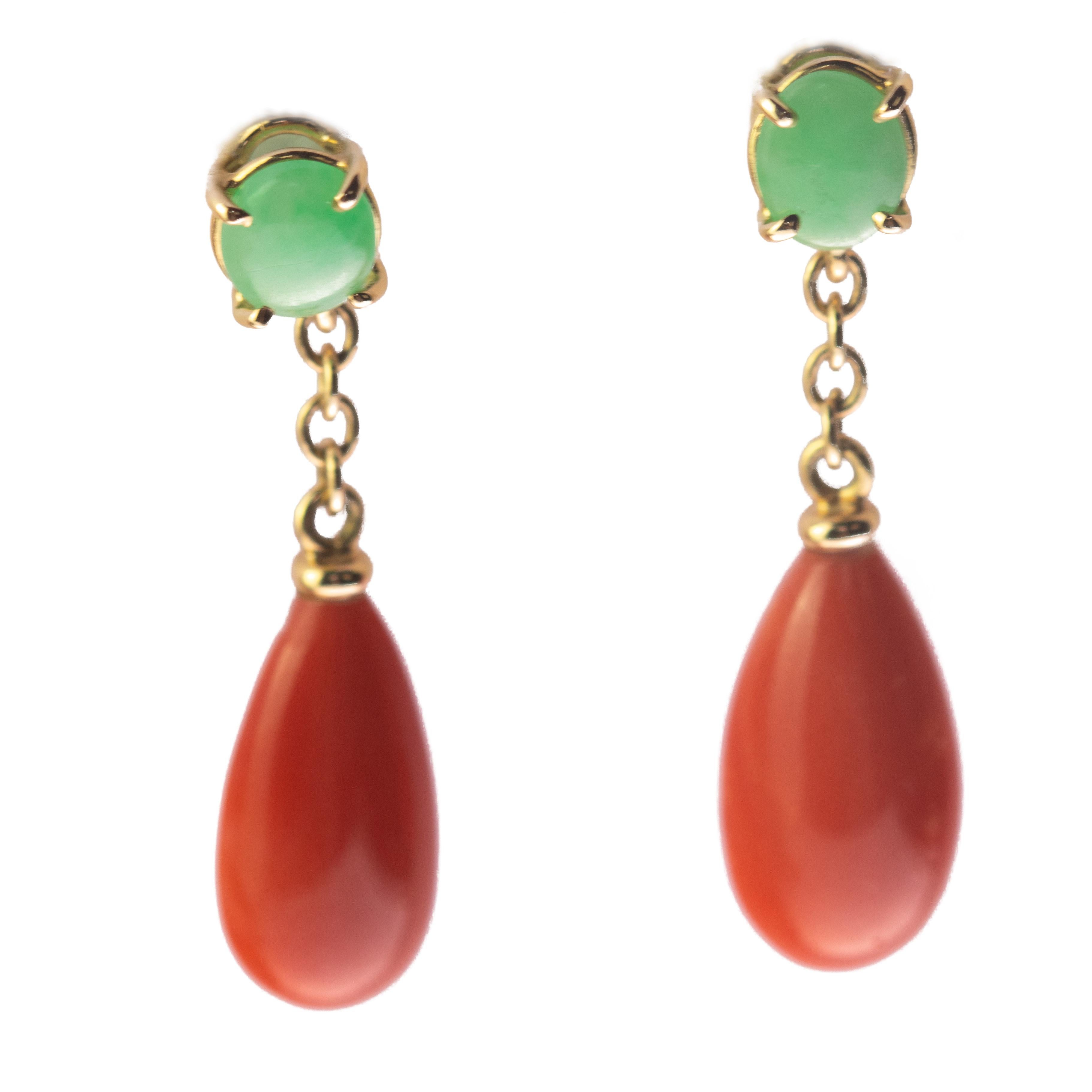 Intini Jewels Salmon Coral Tear Jade 18 Karat Gold Chic Drop Earrings In New Condition For Sale In Milano, IT