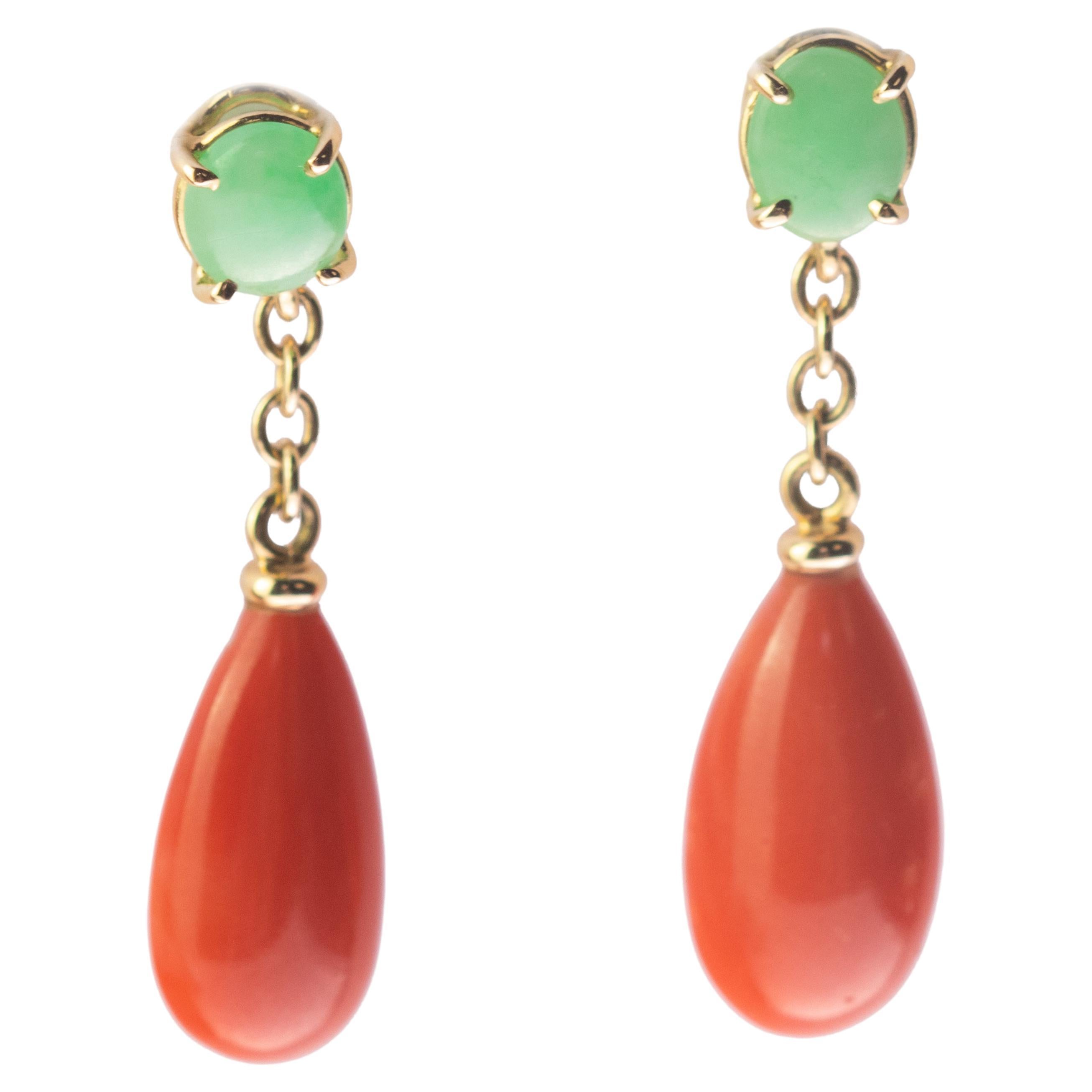 Intini Jewels Salmon Coral Tear Jade 18 Karat Gold Chic Drop Earrings For Sale