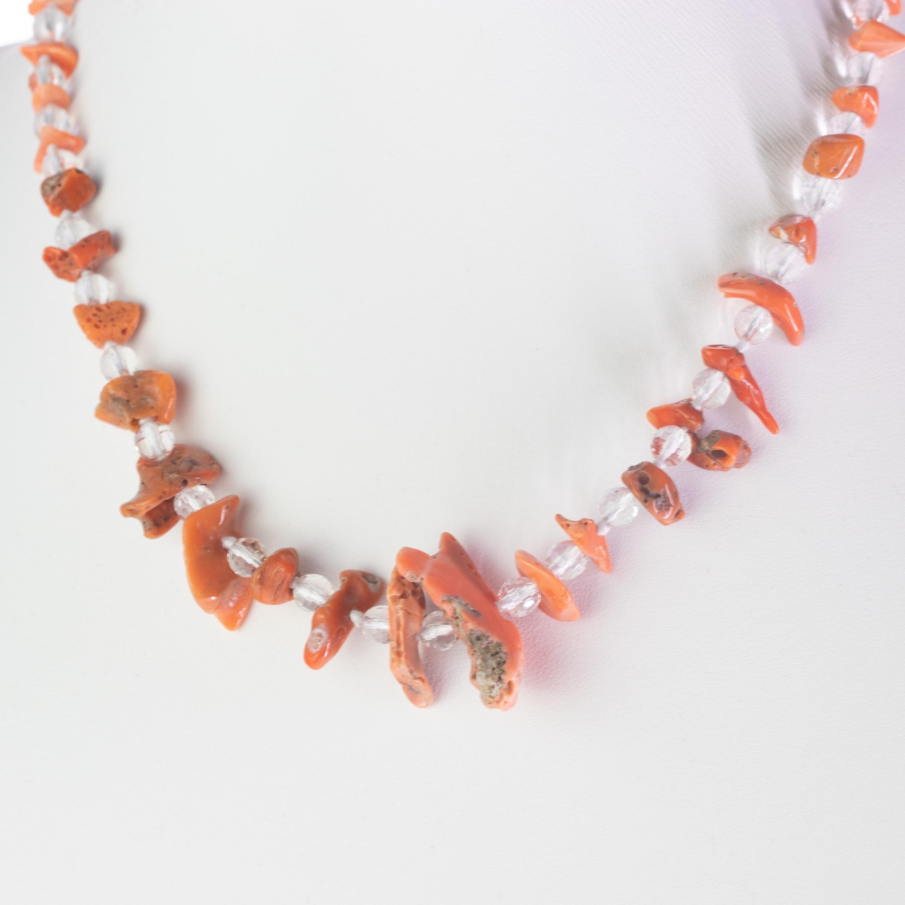 Artisan Intini Jewels Silver Italian Handmade Rock Crystal Natural Coral Boho Necklace For Sale