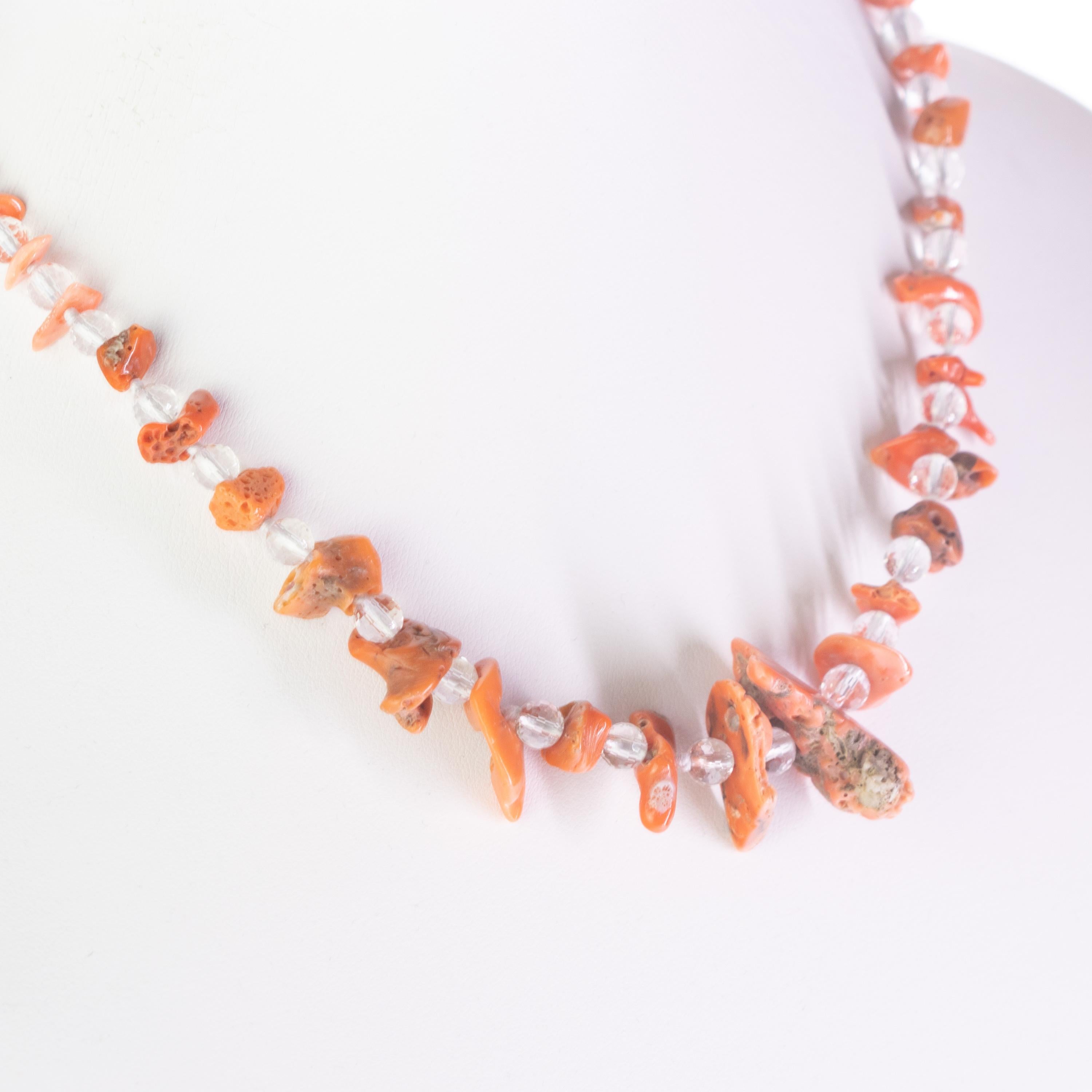 Intini Jewels Silver Italian Handmade Rock Crystal Natural Coral Boho Necklace In New Condition For Sale In Milano, IT