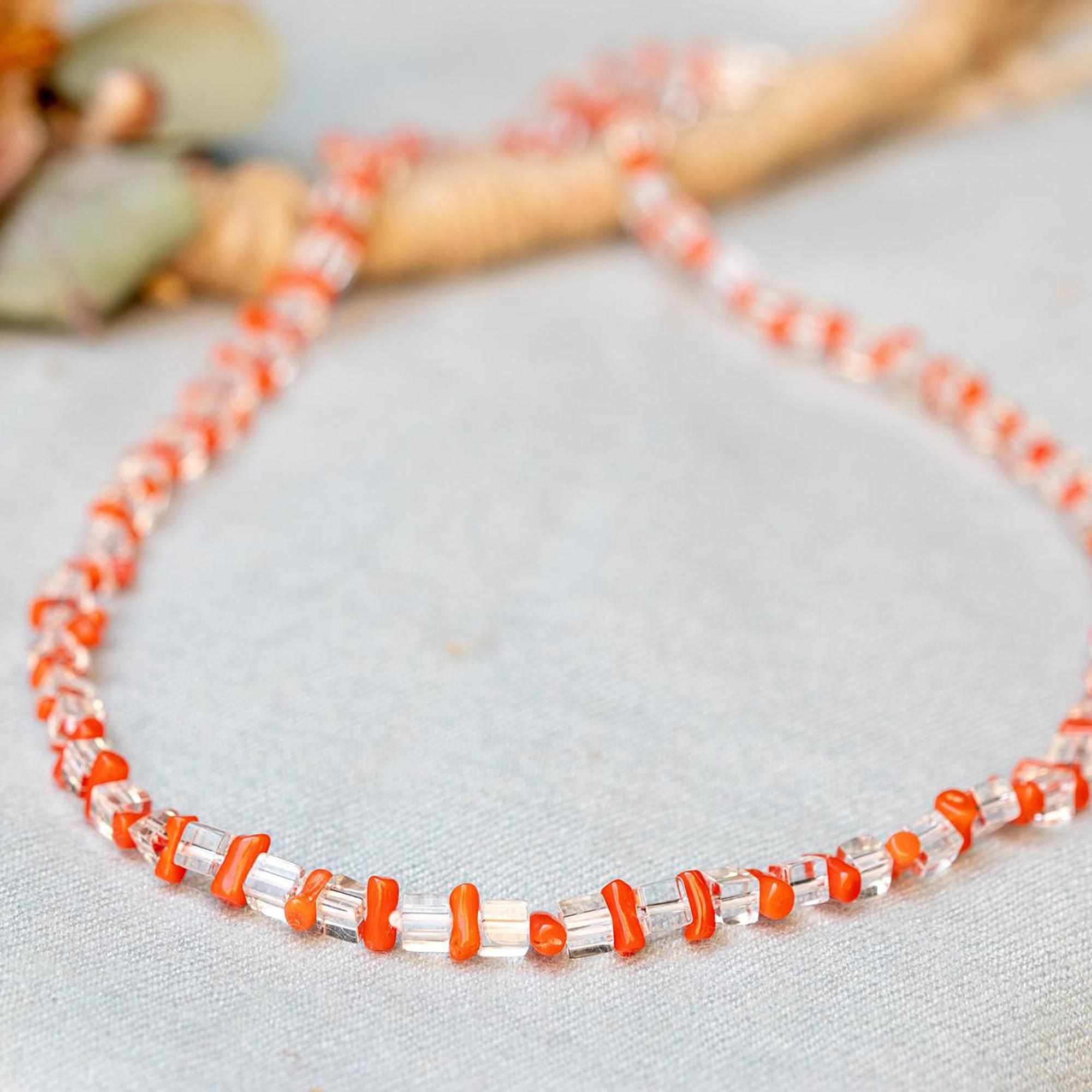 Artisan Intini Jewels Sterling Silver Italian Handmade Rock Crystal Coral Boho Necklace For Sale