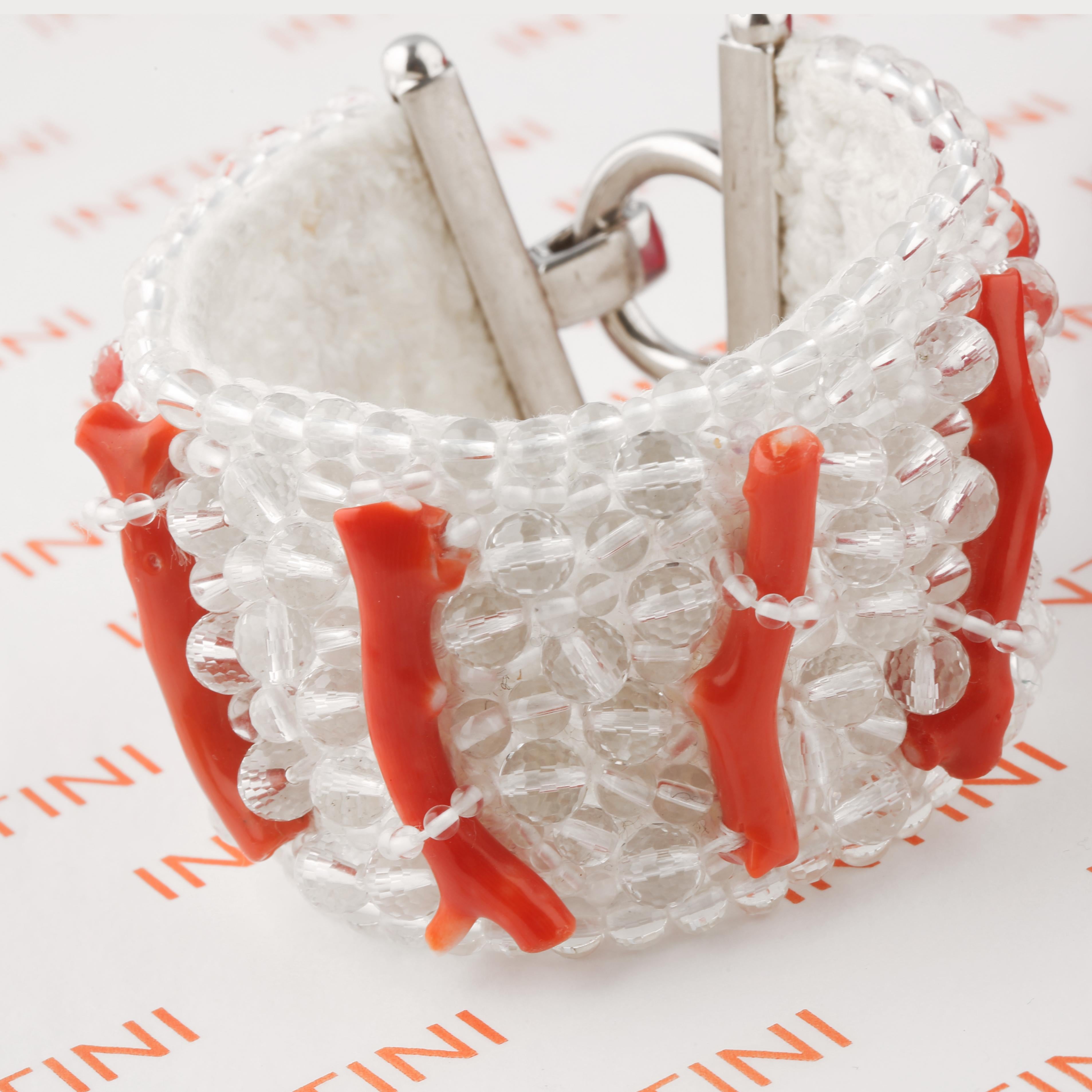 Round Cut Intini Jewels Sterling Silver Rock Crystal Coral Woven Clamper Beaded Bracelet For Sale