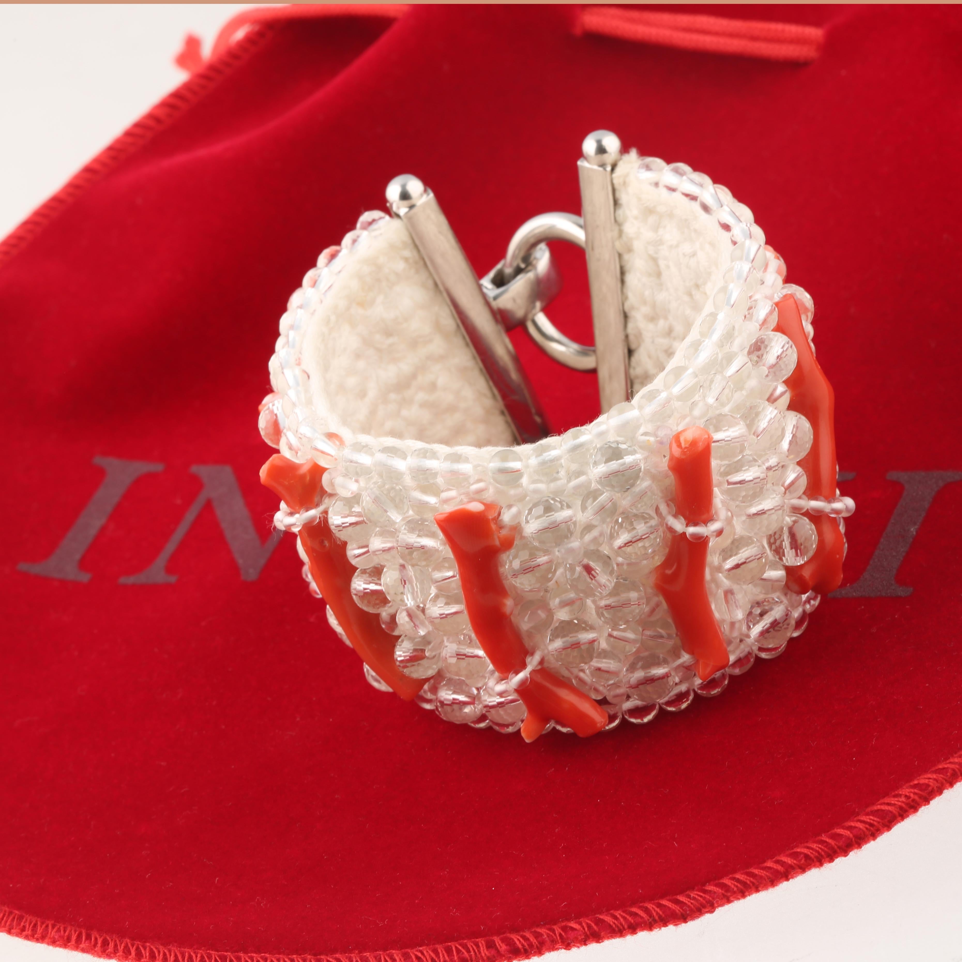 Intini Jewels Sterling Silver Rock Crystal Coral Woven Clamper Beaded Bracelet In New Condition For Sale In Milano, IT