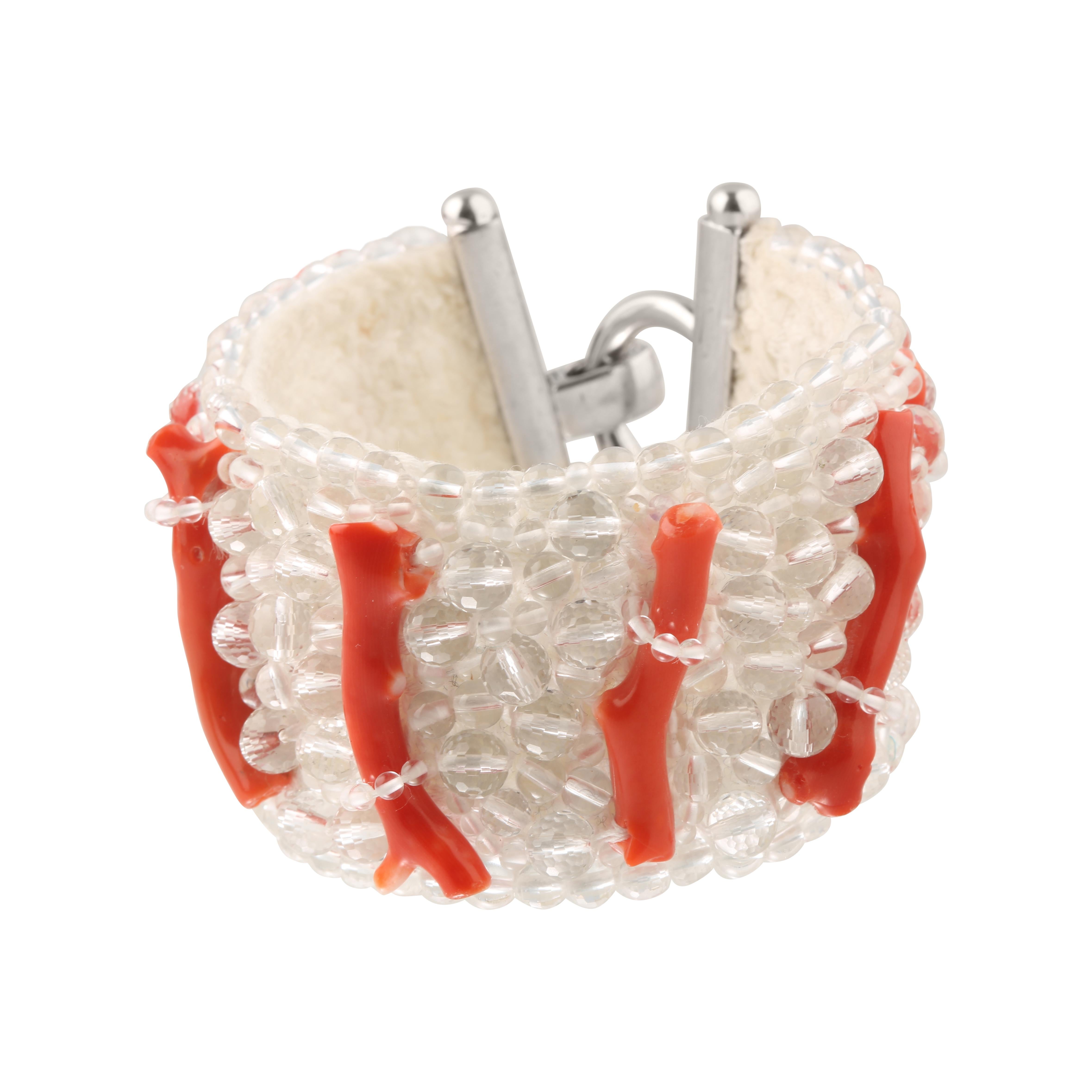 Women's Intini Jewels Sterling Silver Rock Crystal Coral Woven Clamper Beaded Bracelet For Sale