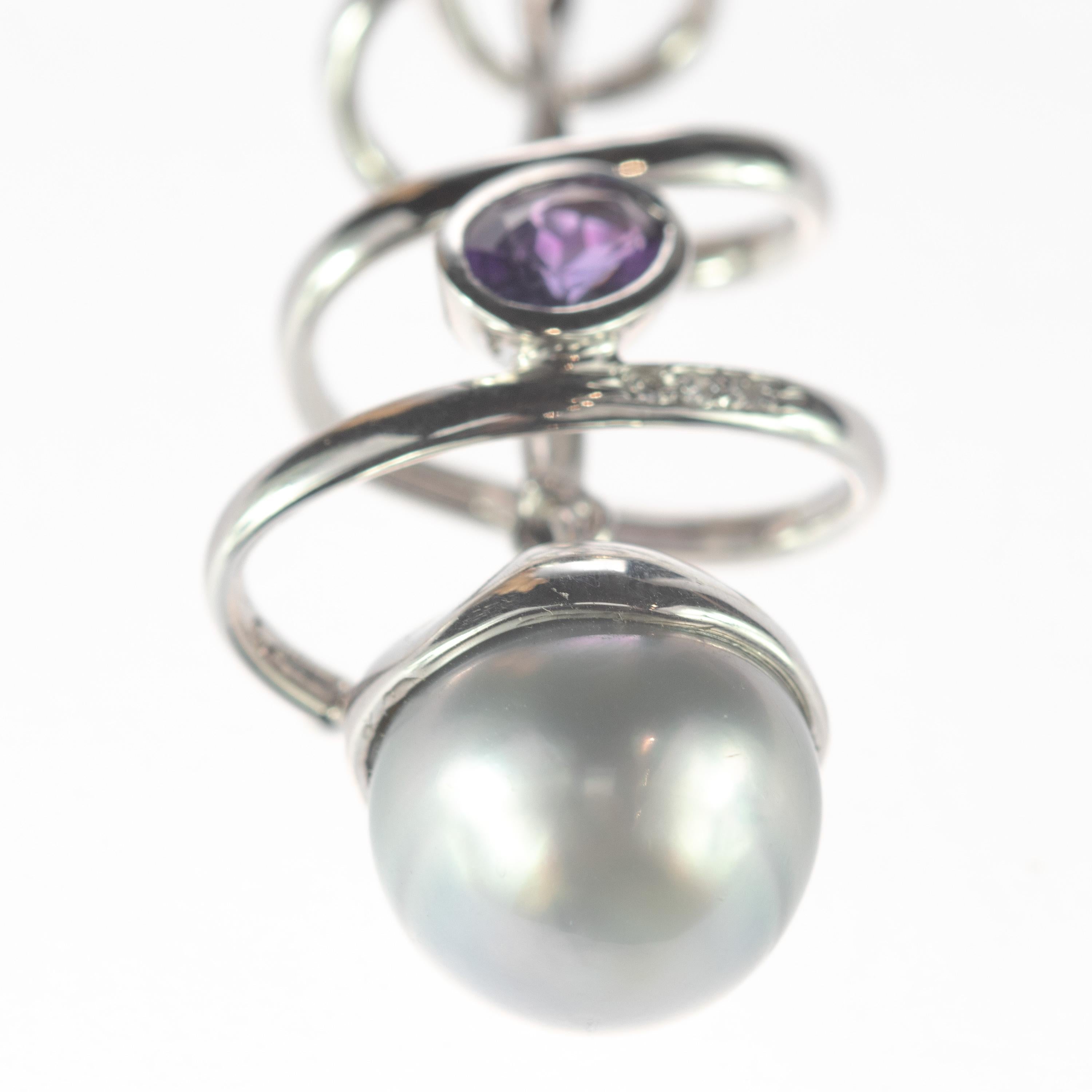 Intini Jewels Tahiti Pearl Amethyst Pendant 18 Karat White Gold Spiral Pendant In New Condition For Sale In Milano, IT