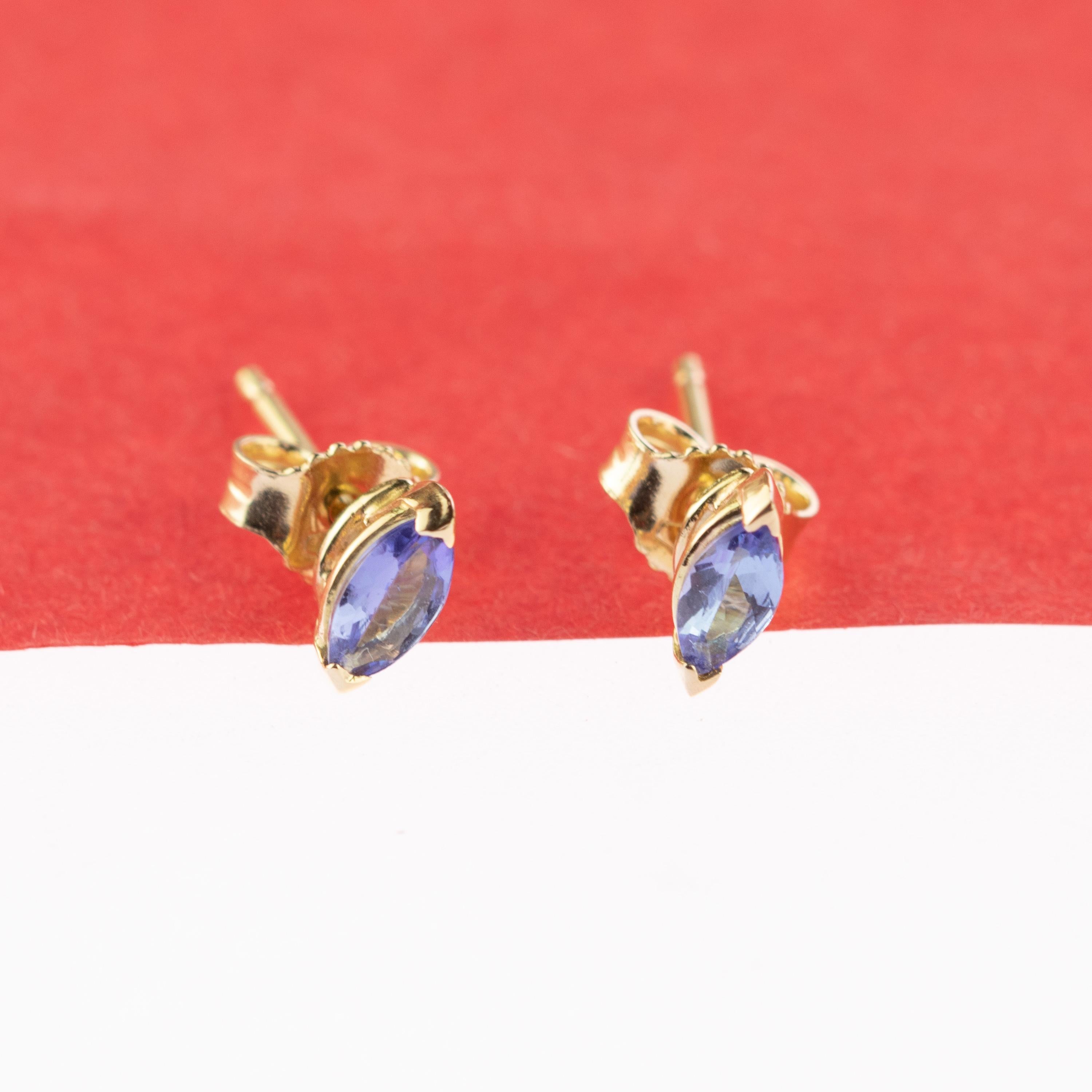 Contemporary Intini Jewels Tanzanite Blue Purple Navette 18 Karat Yellow Gold Stud Earrings For Sale