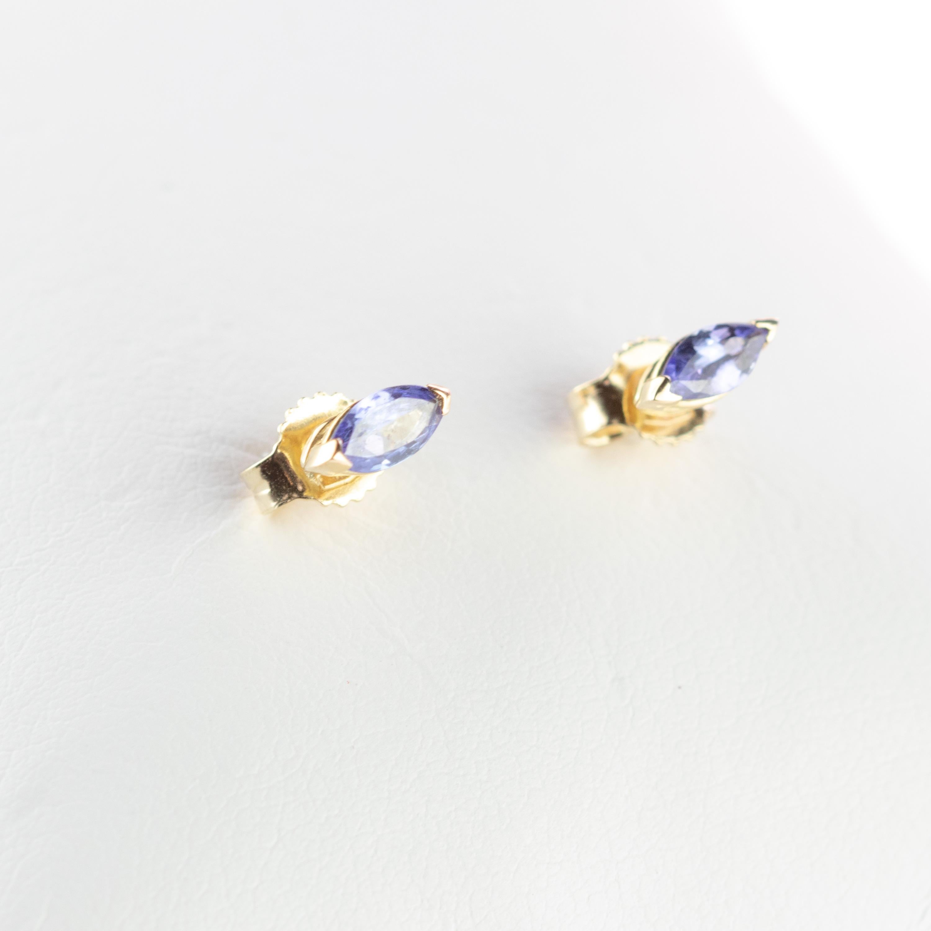 Intini Jewels Tanzanite Blue Purple Navette 18 Karat Yellow Gold Stud Earrings For Sale 2