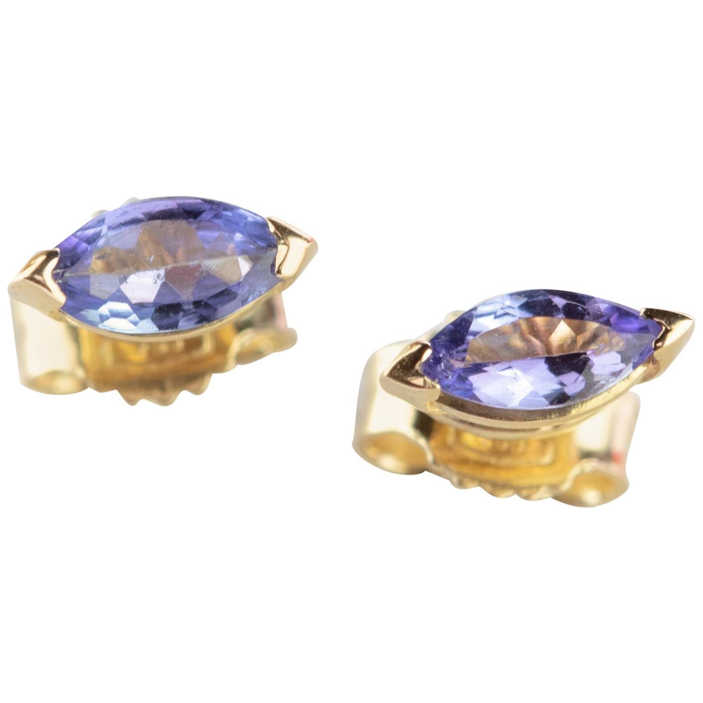Intini Jewels Tanzanite Blue Purple Navette 18 Karat Yellow Gold Stud Earrings For Sale