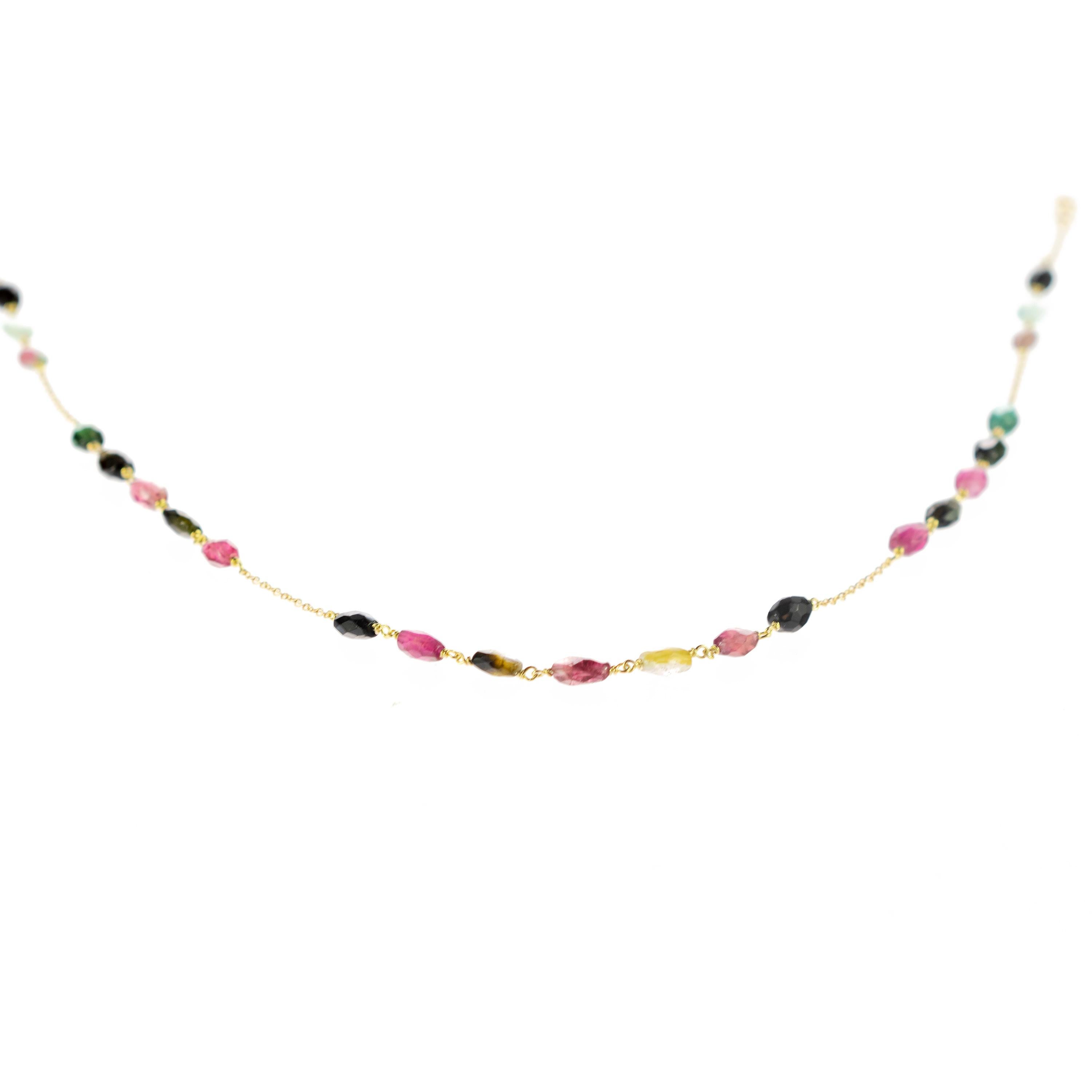 Women's or Men's Intini Jewels Tourmaline Oval 18 Karat Yellow Gold Chain Colorful Necklace For Sale