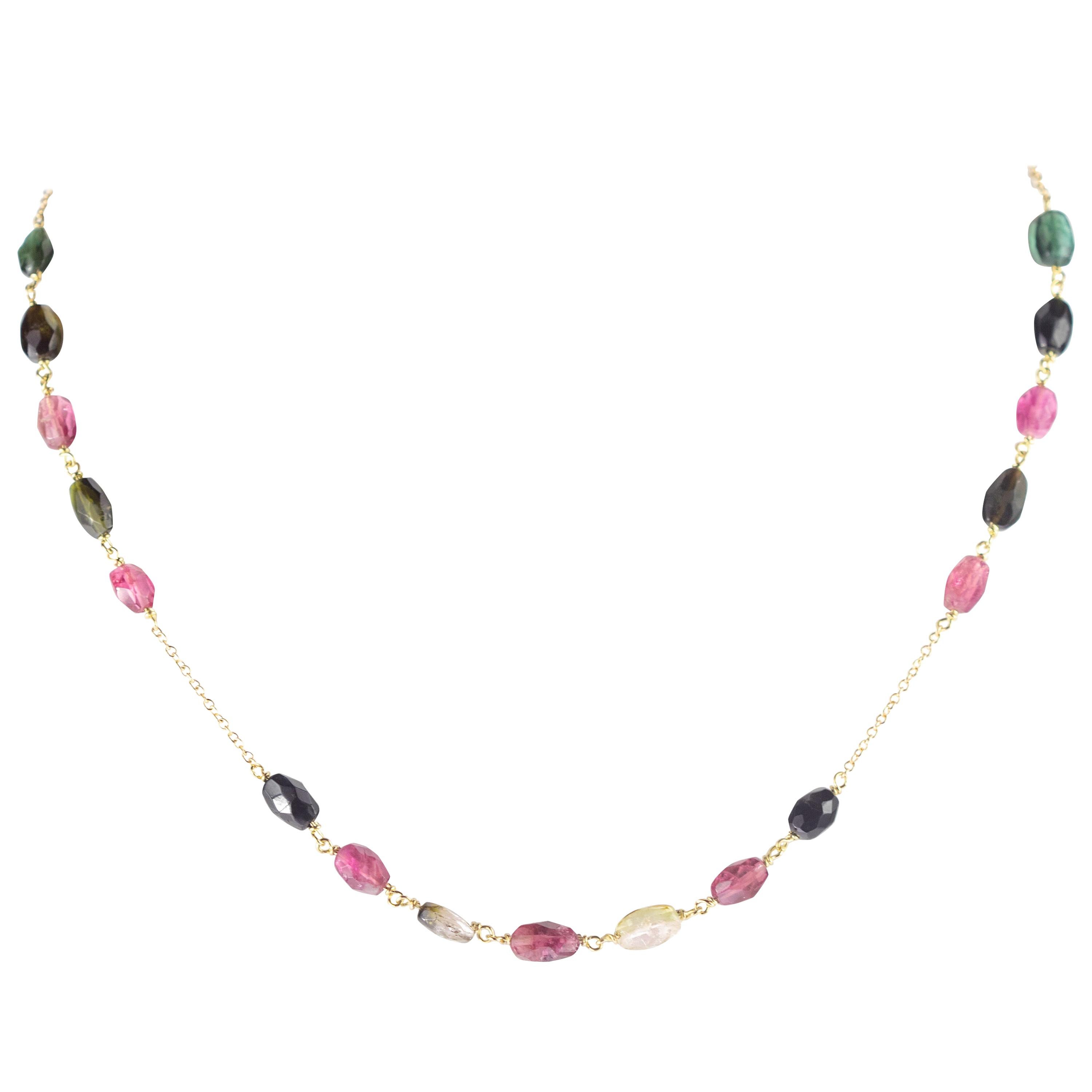 Intini Jewels Tourmaline Oval 18 Karat Yellow Gold Chain Colorful Necklace For Sale