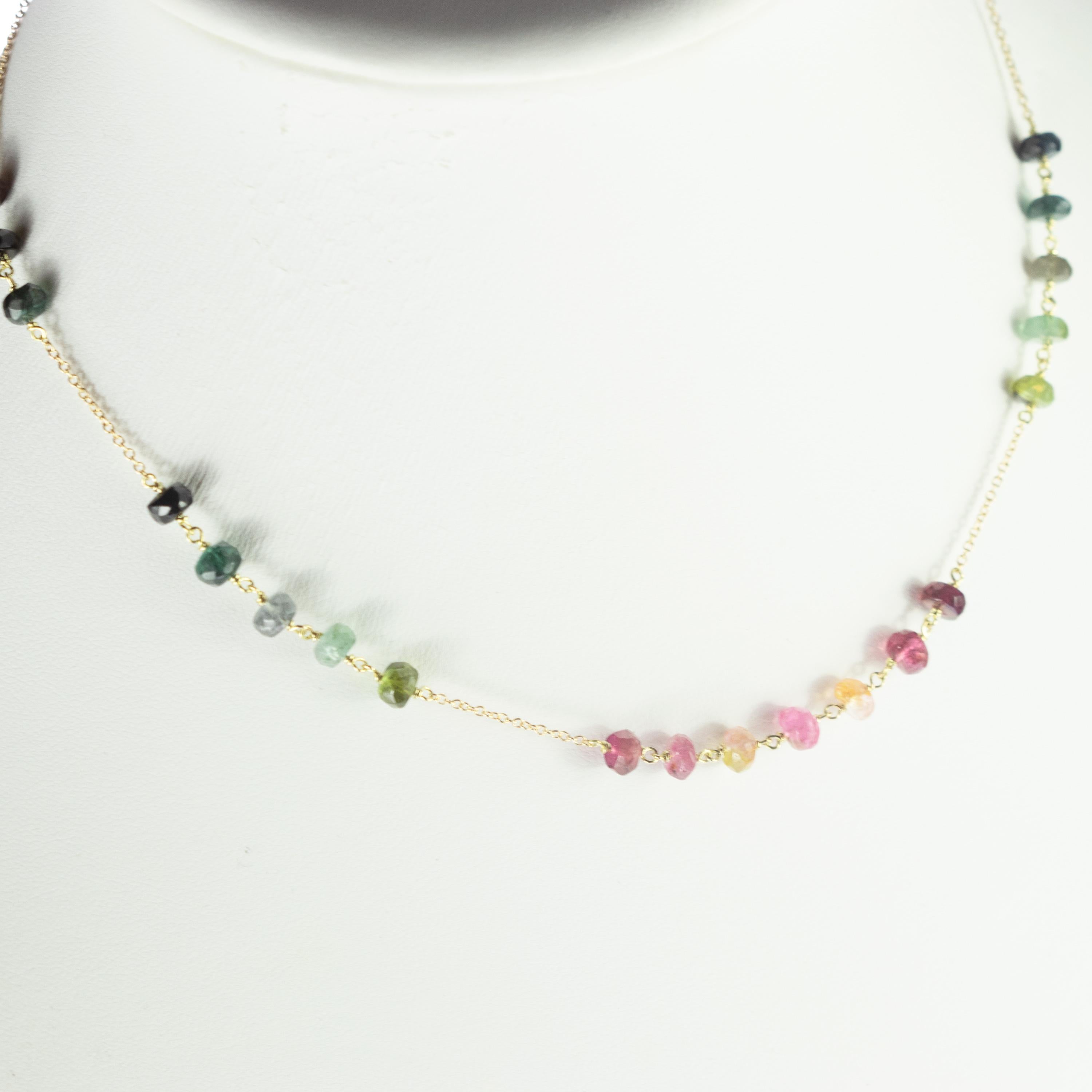 Taille ronde Intini Jewels Collier coloré à chaîne en or jaune 9 carats avec rondelles de tourmaline en vente