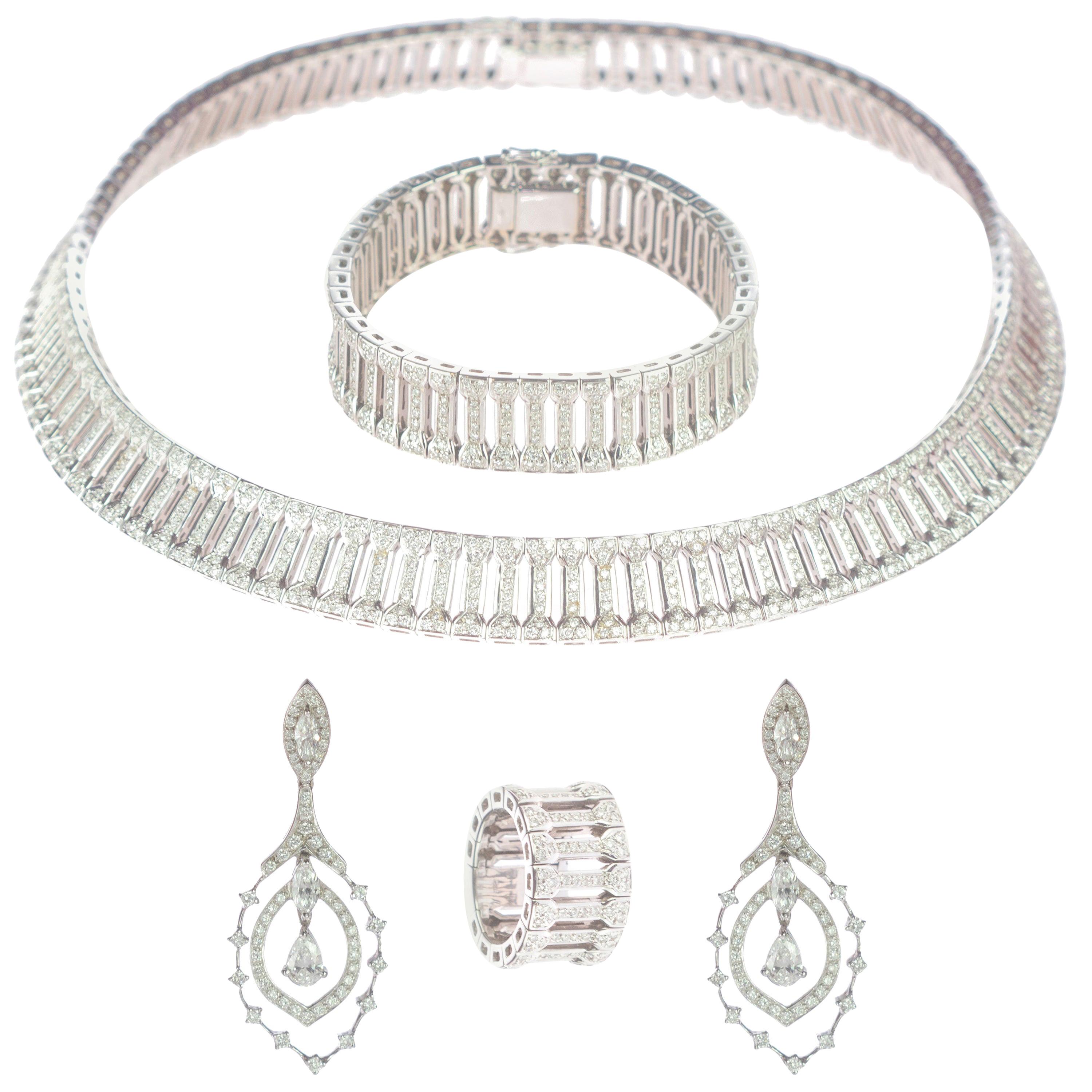 Intini Jewels Victorian 20.22 Carat 18 Karat White Gold Diamond Brilliant Set For Sale