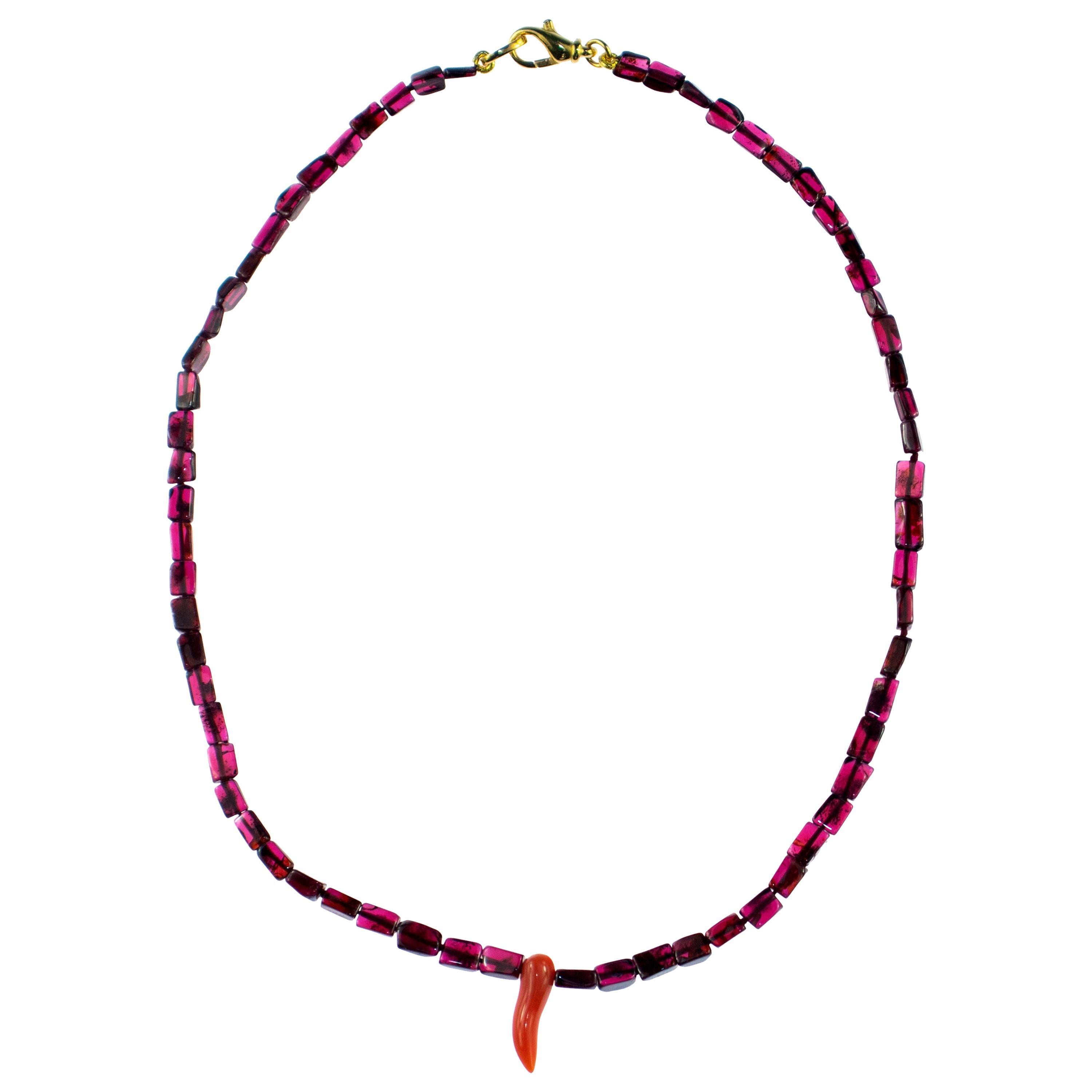 Intini Jewels Violet Garnet Coral Horn 925 Sterling Silver Beaded Boho Necklace For Sale
