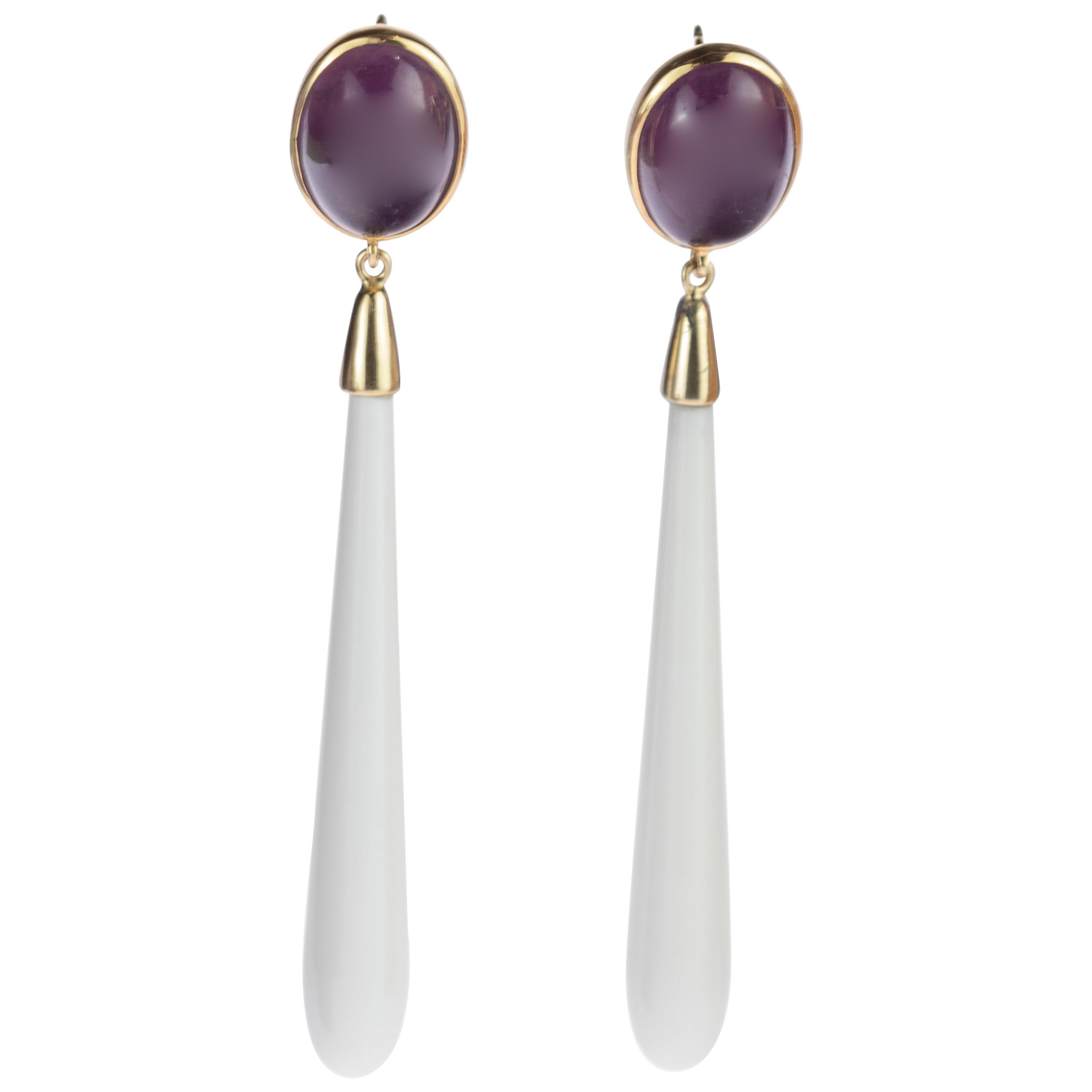 Intini Jewels White Agate Amethyst Long Drop 18 Karat Gold Bold Crafted Earrings For Sale