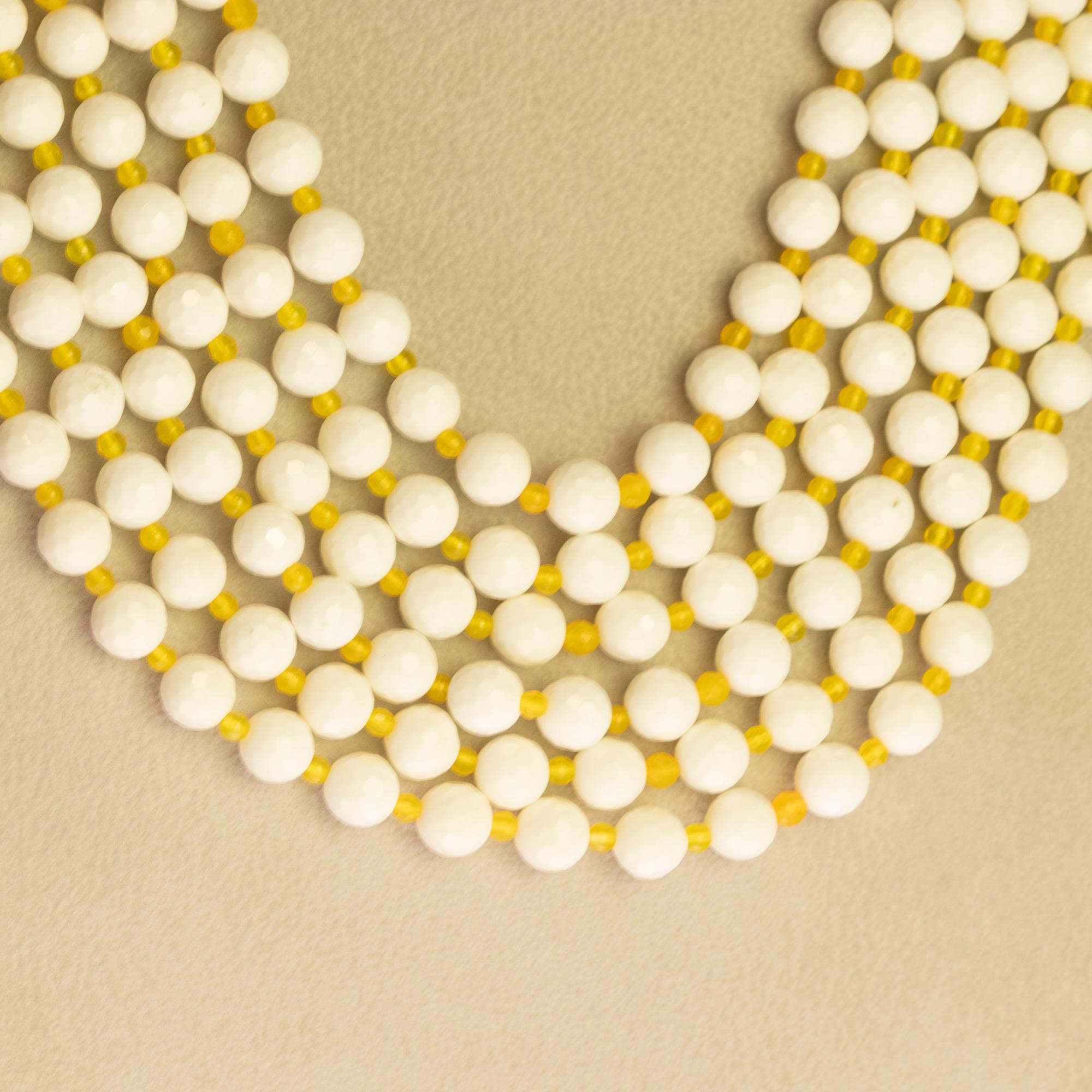 Perlina Intini Jewels Collana da cocktail con agata gialla bianca e argento 925 Deco a più fili in vendita