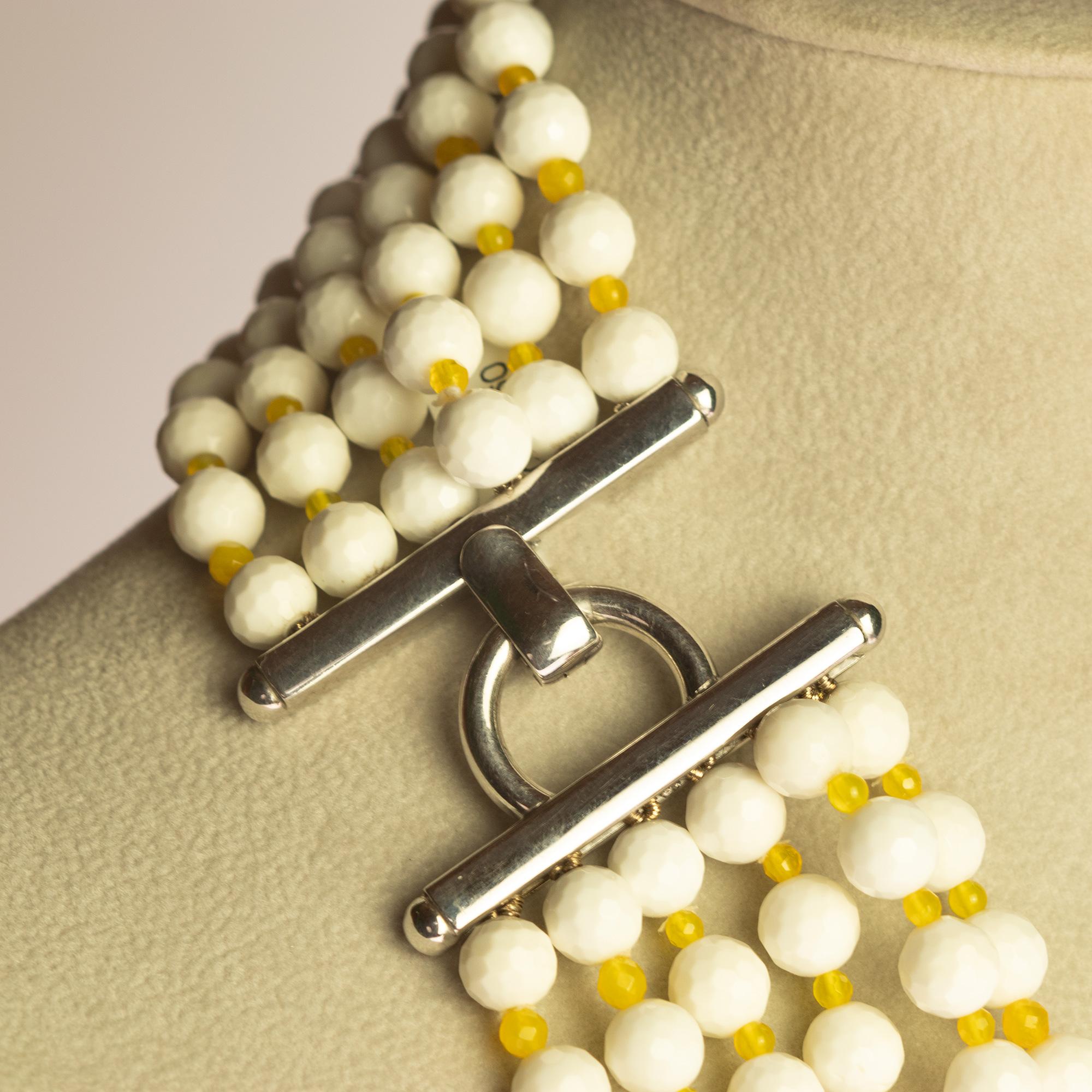 Intini Jewels Collana da cocktail con agata gialla bianca e argento 925 Deco a più fili In condizioni Nuovo in vendita a Milano, IT