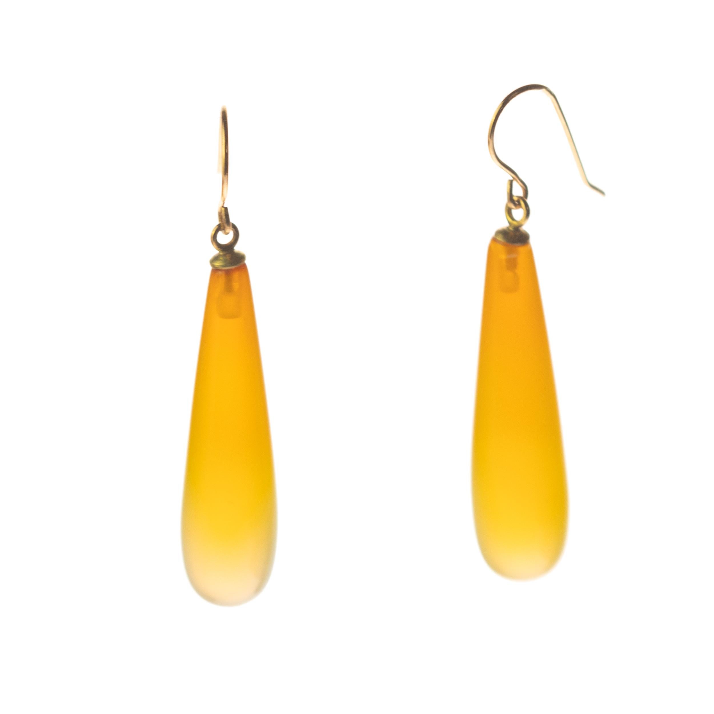 Art Nouveau Intini Jewels - Orecchini a goccia in agata gialla, oro giallo 18 carati, fatti a mano e chic in vendita