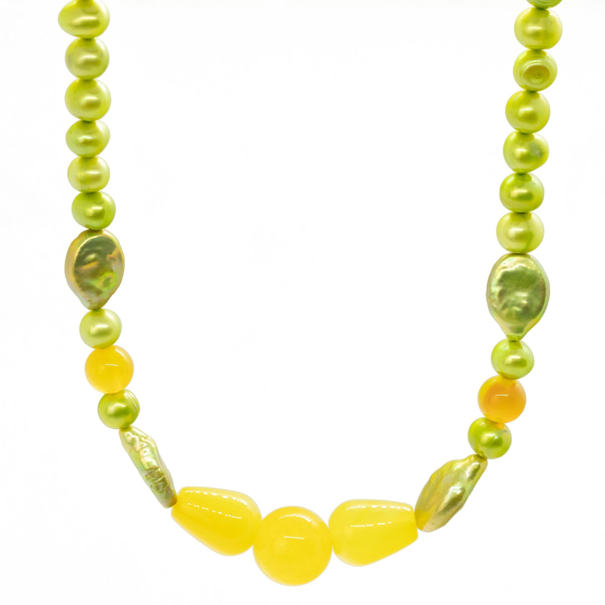 Art Nouveau Intini Jewels - Collana Boho Chic in oro 18 carati - Agata gialla e perle verdi in vendita