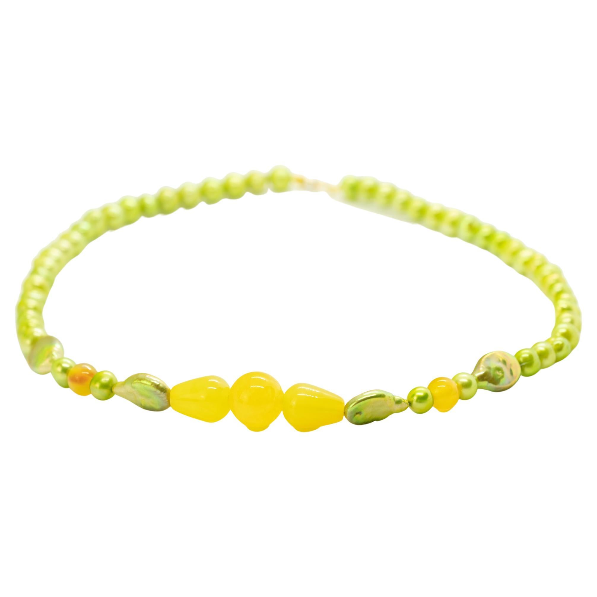 Intini Jewels - Collana Boho Chic in oro 18 carati - Agata gialla e perle verdi