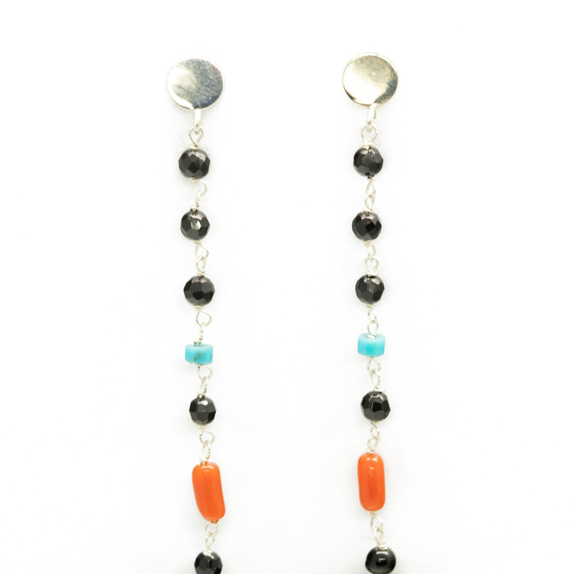 Mixed Cut Intini Jewels Zoisite Agate Coral Sterling Silver Dangle Chain Rosary Earrings For Sale
