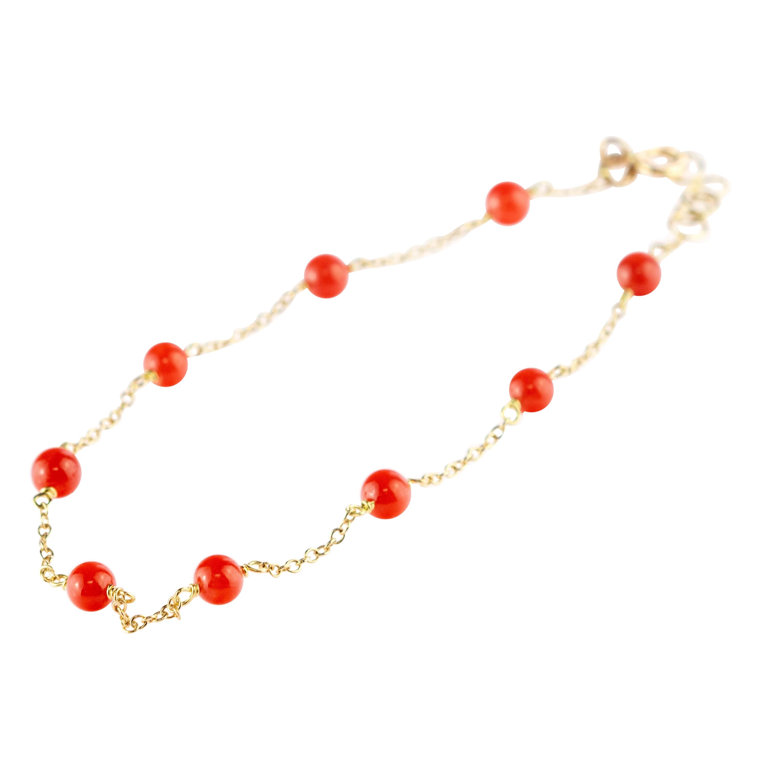 Intini Jewes 18 Karat Gold Chain Mediterranean Red Coral Spheres Chic Bracelet For Sale
