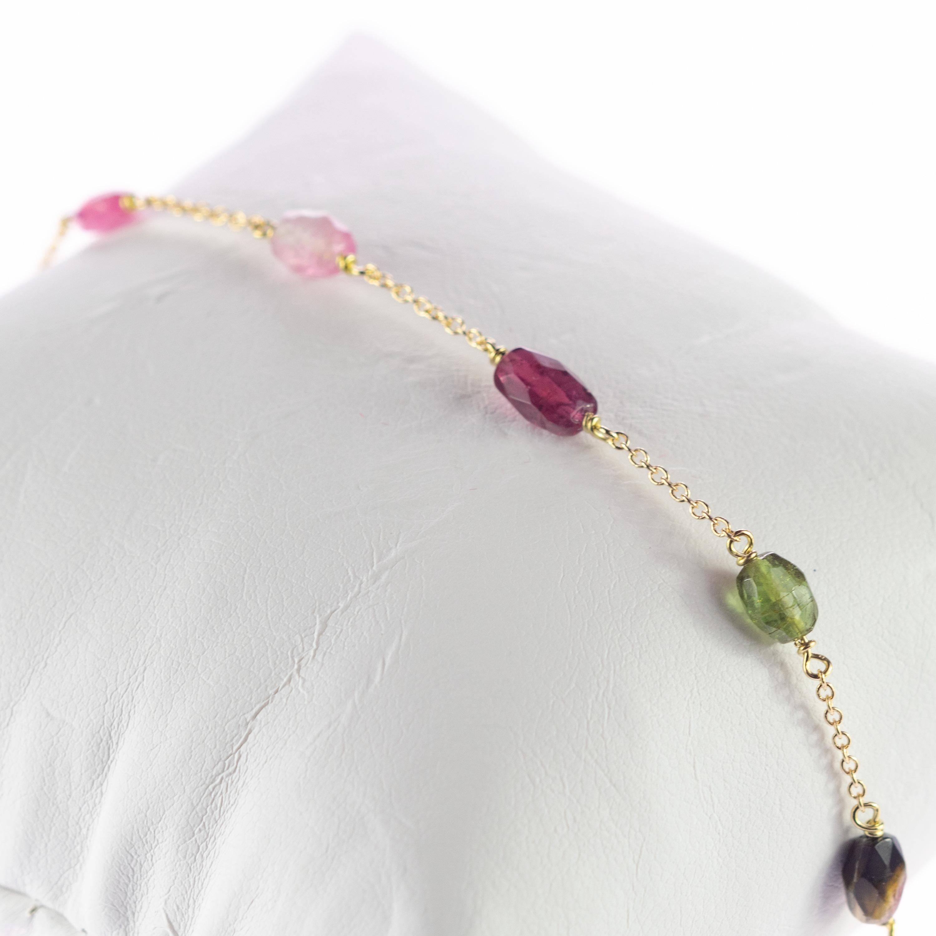 Oval Cut Intini Jewes 9 Karat Gold Chain Tourmaline Oval Colorful Rainbow Anklet Bracelet For Sale