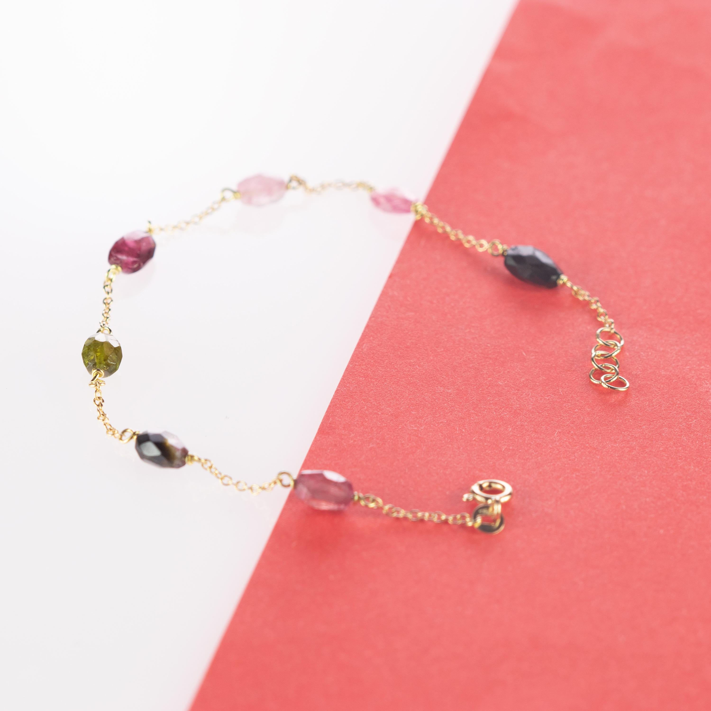 Intini Jewes 9 Karat Gold Chain Tourmaline Oval Colorful Rainbow Anklet Bracelet In New Condition For Sale In Milano, IT
