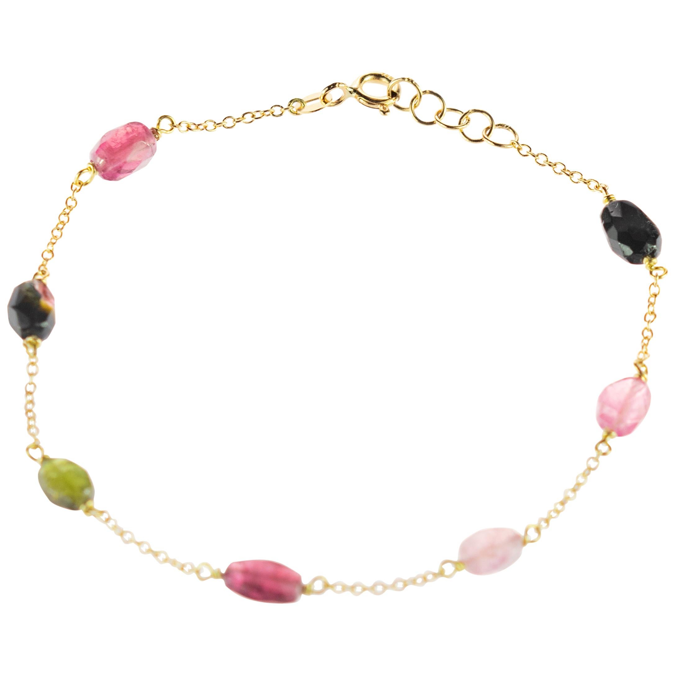 Intini Jewes 9 Karat Gold Chain Tourmaline Oval Colorful Rainbow Anklet Bracelet For Sale