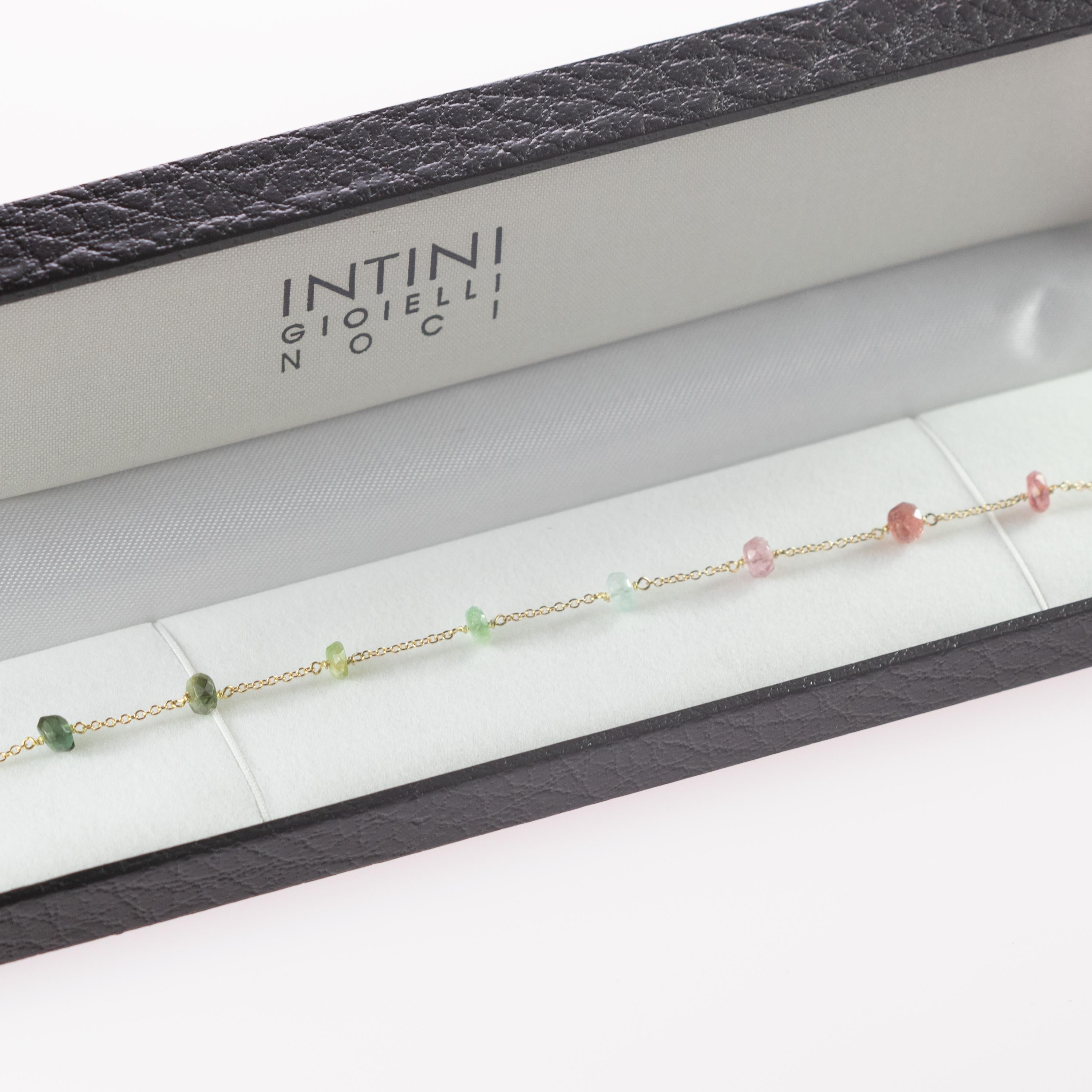 Women's or Men's Intini Jewes 9 Karat Gold Chain Tourmaline Rondelles Colorful Rainbow Bracelet For Sale