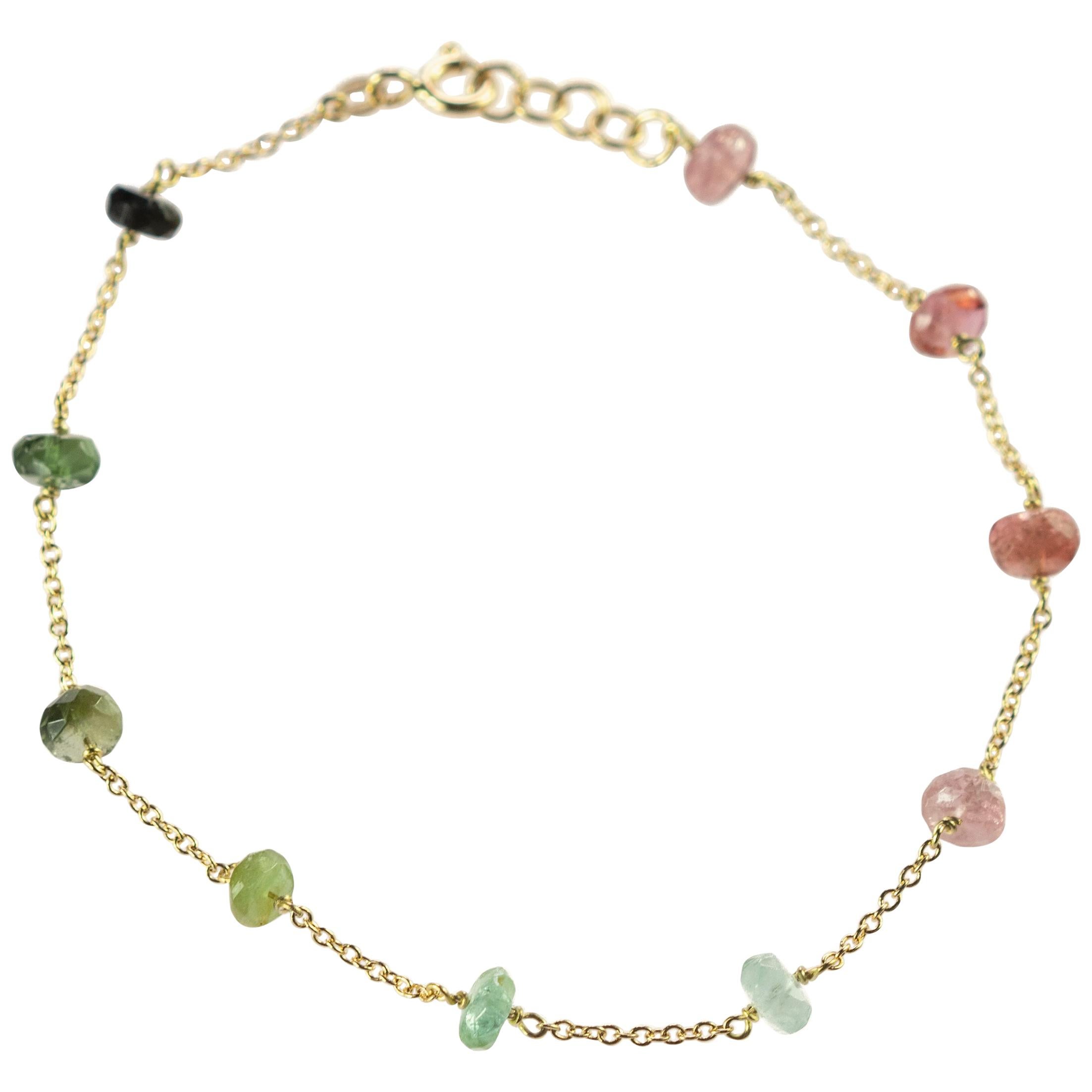 Intini Jewes 9 Karat Gold Chain Tourmaline Rondelles Colorful Rainbow Bracelet For Sale