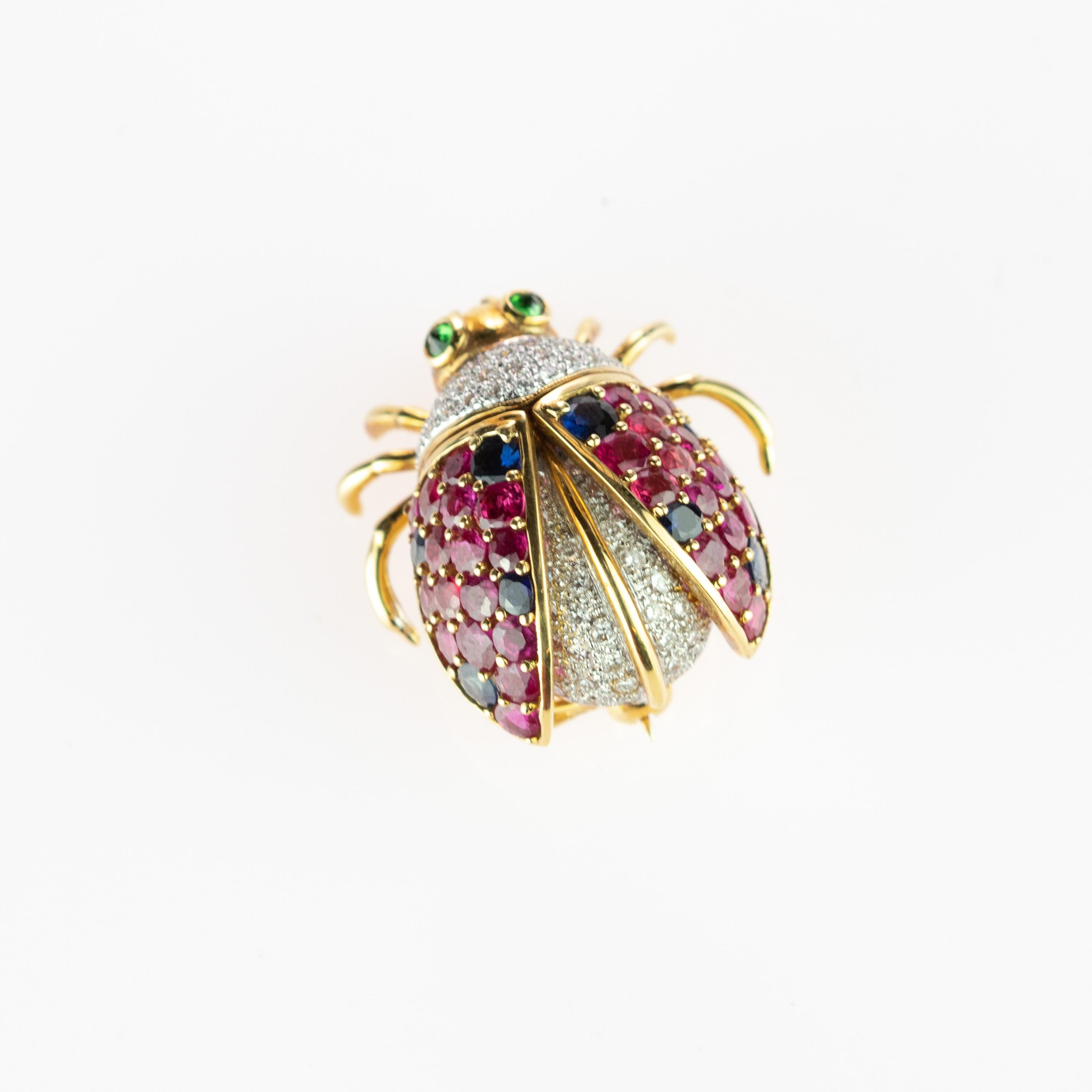 Art Deco Intini Ladybug Ladybird 18 Karat Gold Sapphire Diamond Ruby Tsavorite Pin Brooch