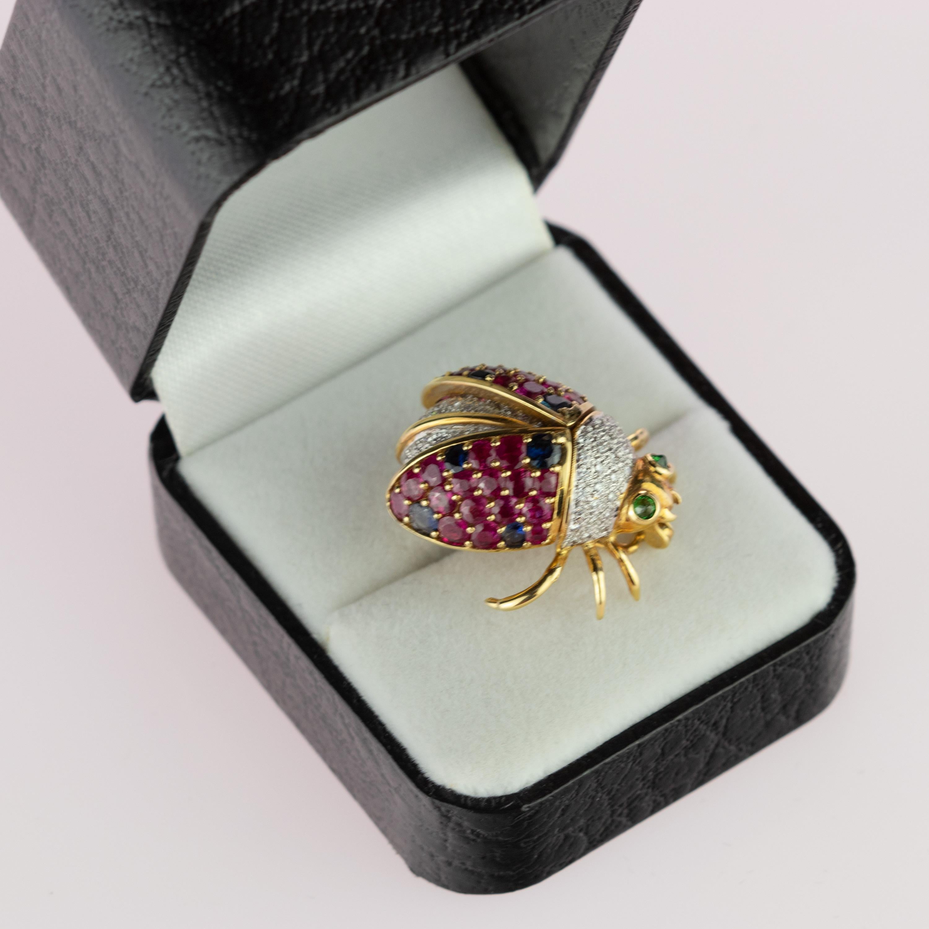 Intini Ladybug Ladybird 18 Karat Gold Sapphire Diamond Ruby Tsavorite Pin Brooch In New Condition In Milano, IT