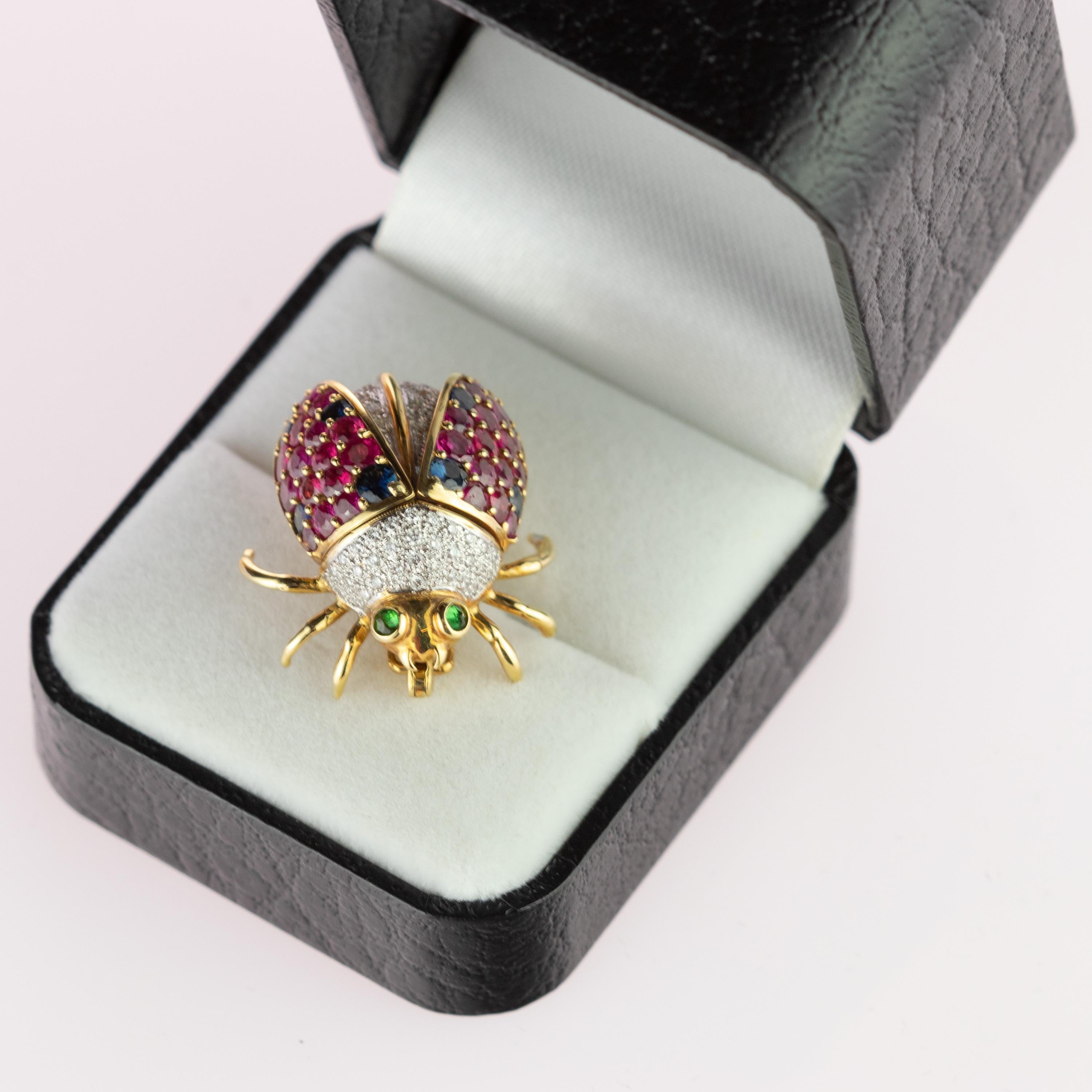 Women's or Men's Intini Ladybug Ladybird 18 Karat Gold Sapphire Diamond Ruby Tsavorite Pin Brooch