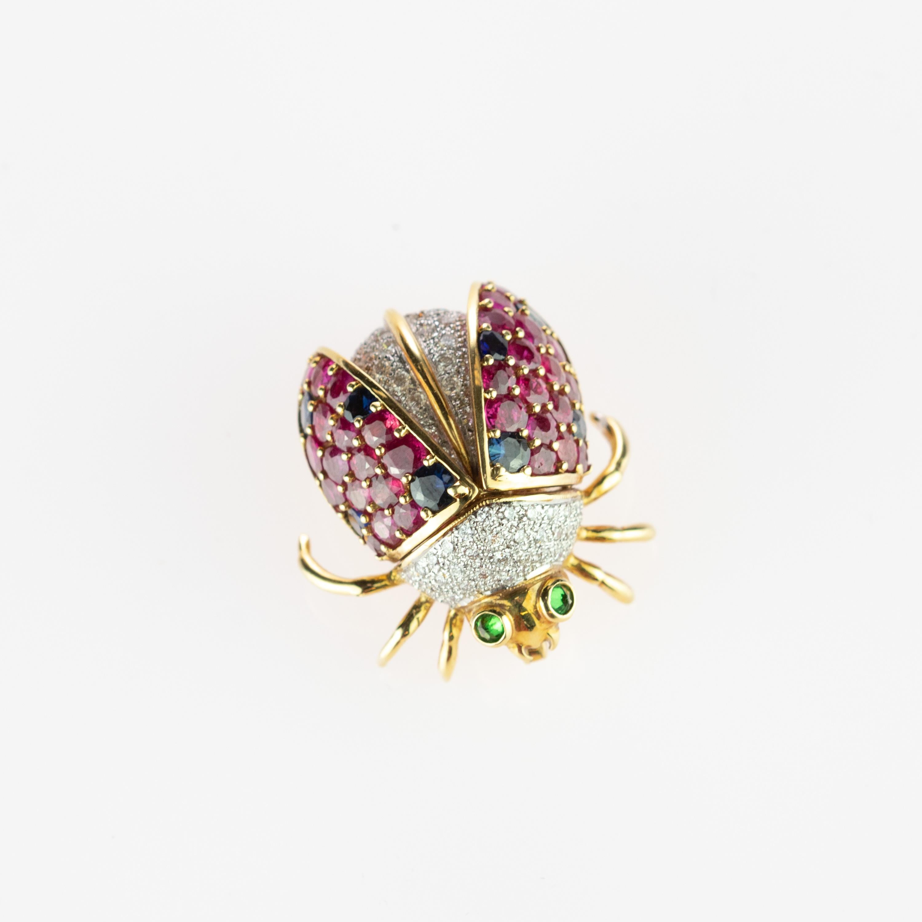 Intini Ladybug Ladybird 18 Karat Gold Sapphire Diamond Ruby Tsavorite Pin Brooch 1
