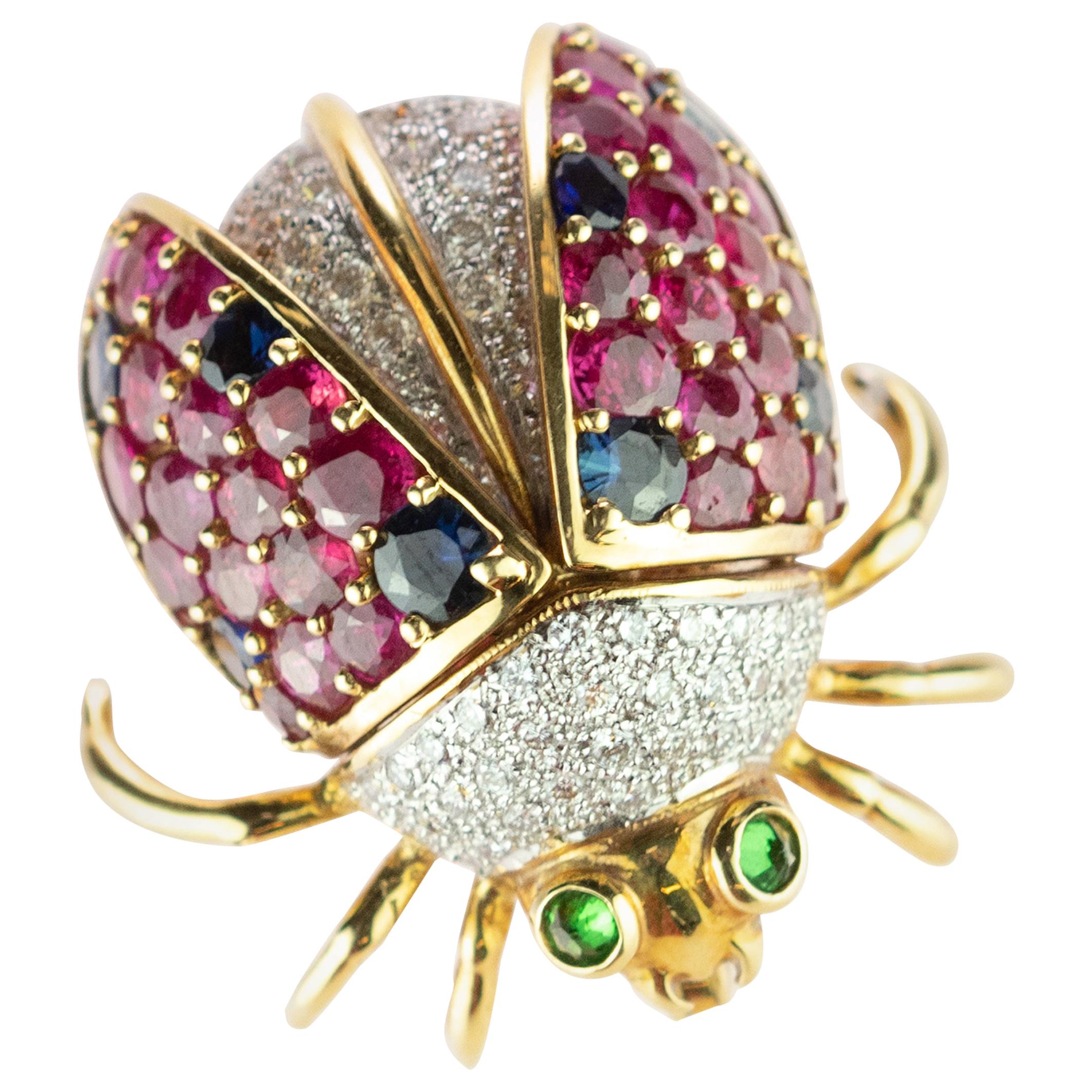 Intini Ladybug Ladybird 18 Karat Gold Sapphire Diamond Ruby Tsavorite Pin Brooch