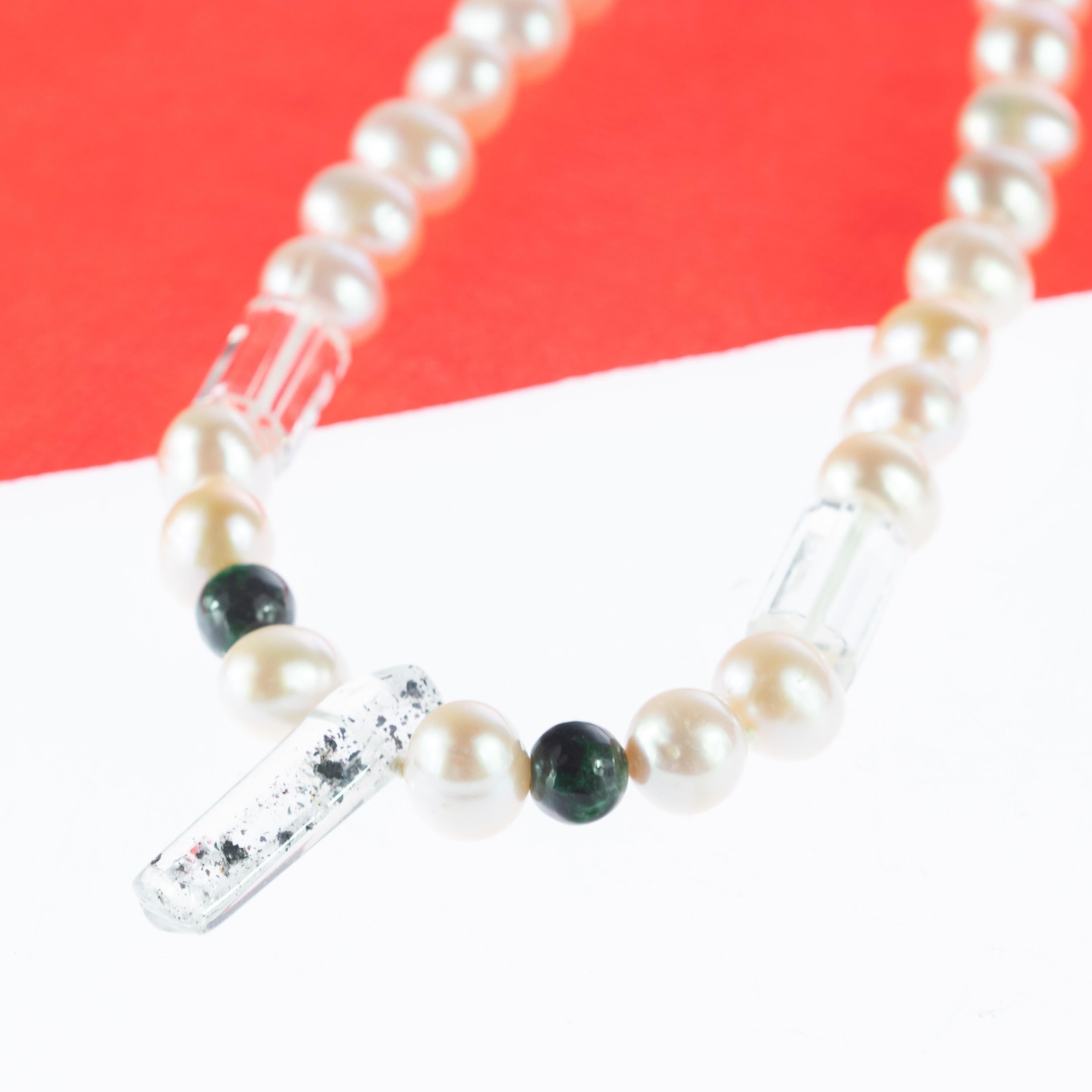 IntiniJewels Collana di cristallo di rocca, perla, giada, oro giallo 14 carati, moderna e chic in vendita 2