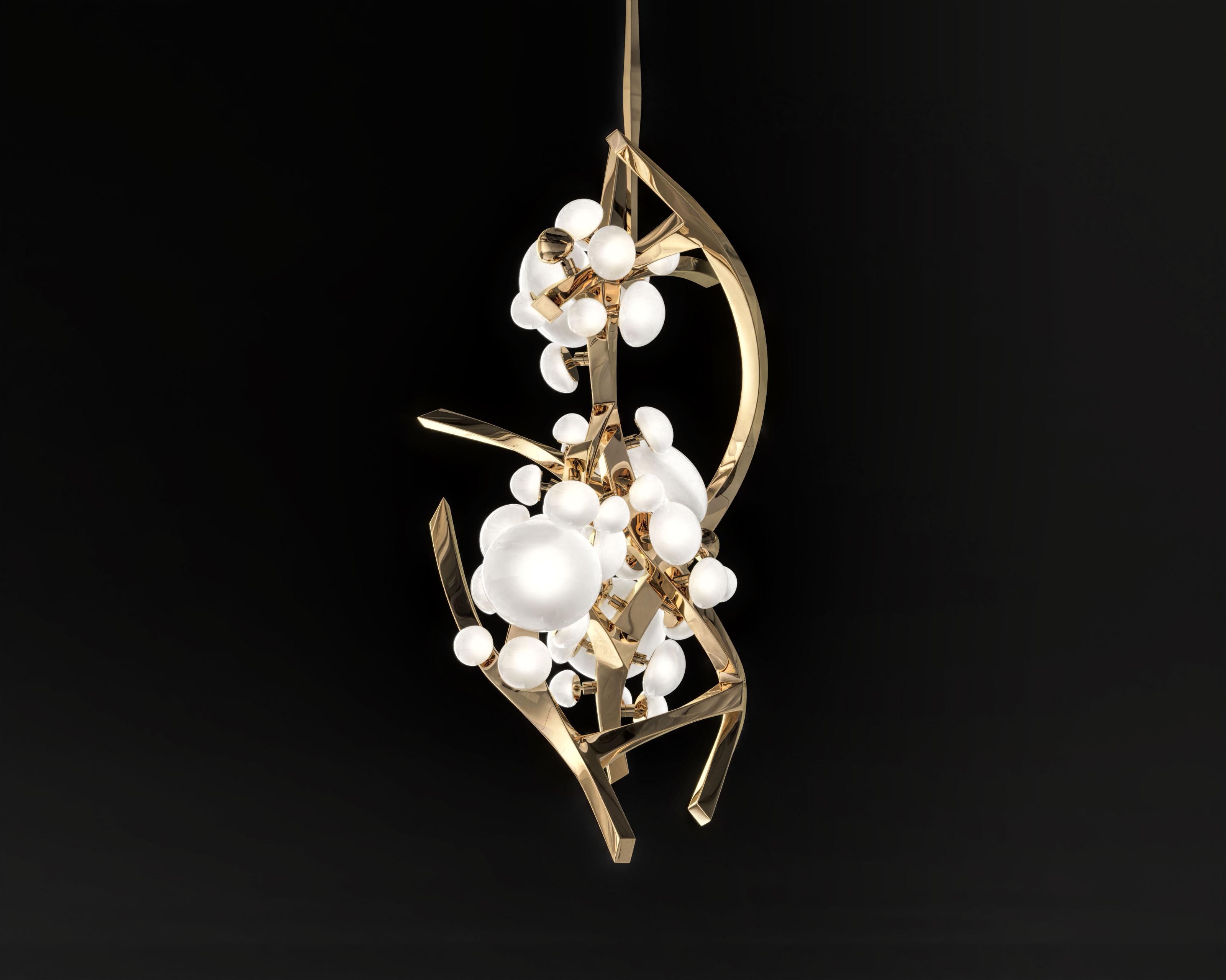 Modern Intıma Vertical Chandelier in Polished Bronze and Milky Murano Globes by Palena For Sale