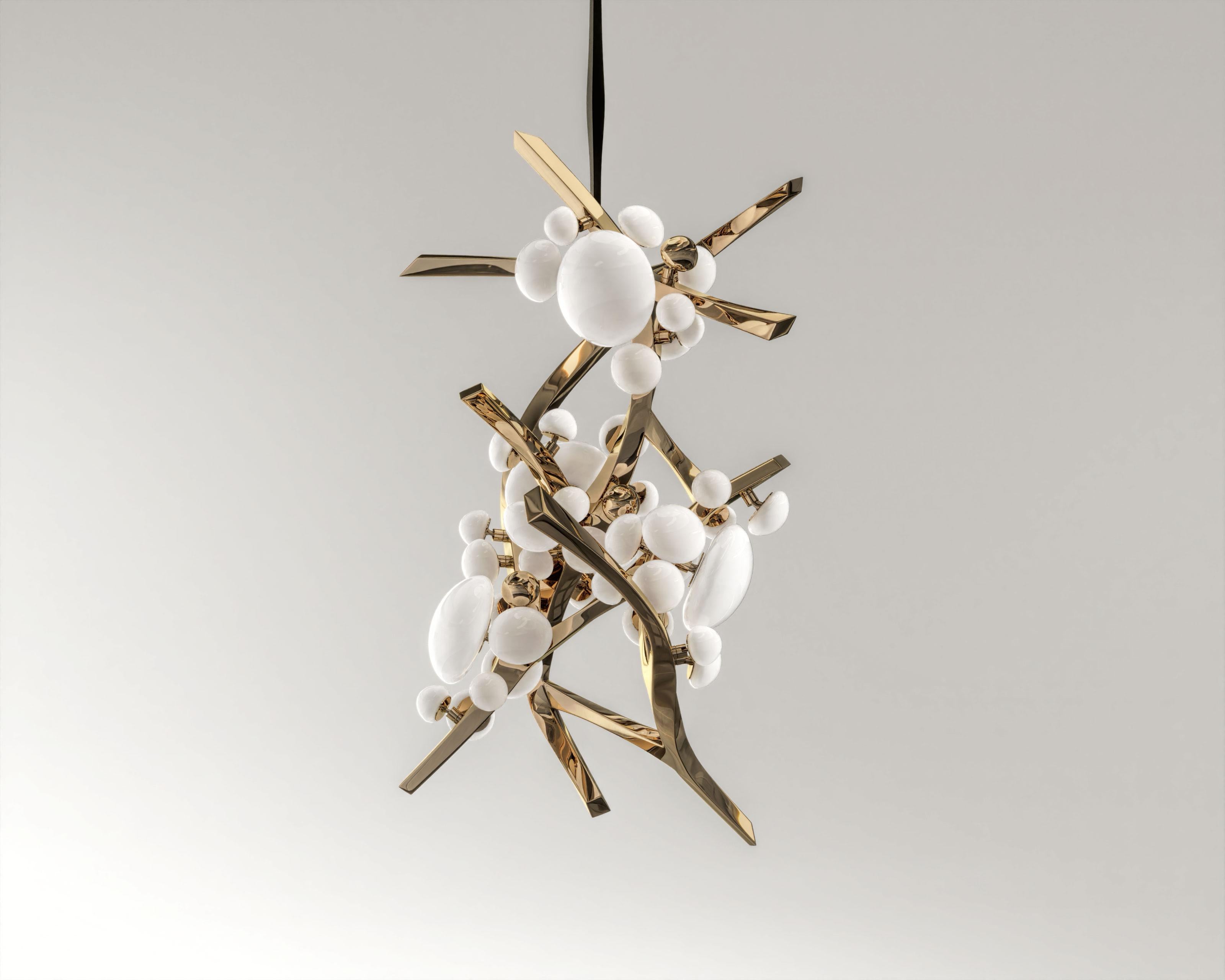 Turkish Intıma Vertical Chandelier in Polished Bronze and Milky Murano Globes by Palena For Sale