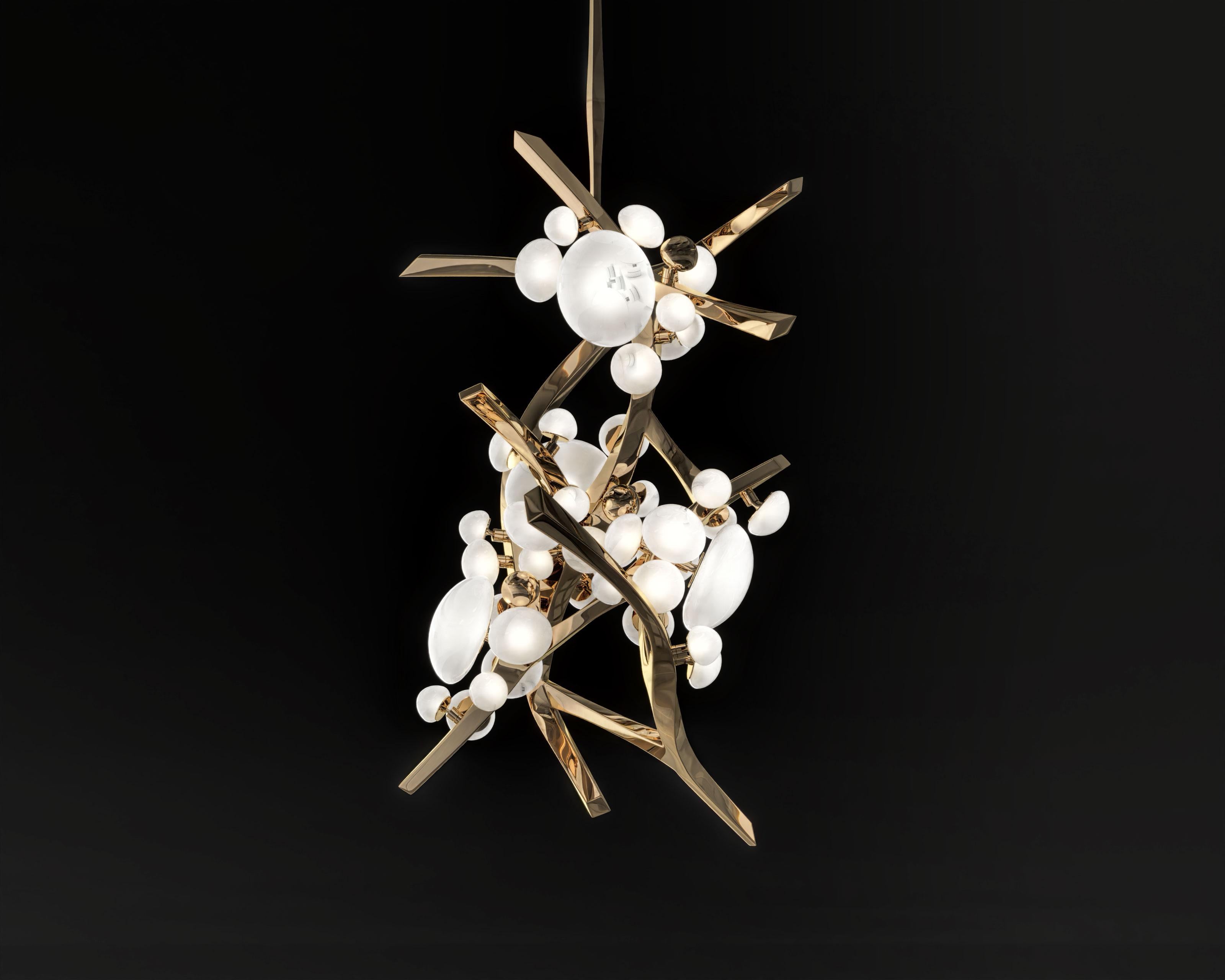 Brushed Intıma Vertical Chandelier in Polished Bronze and Milky Murano Globes by Palena For Sale