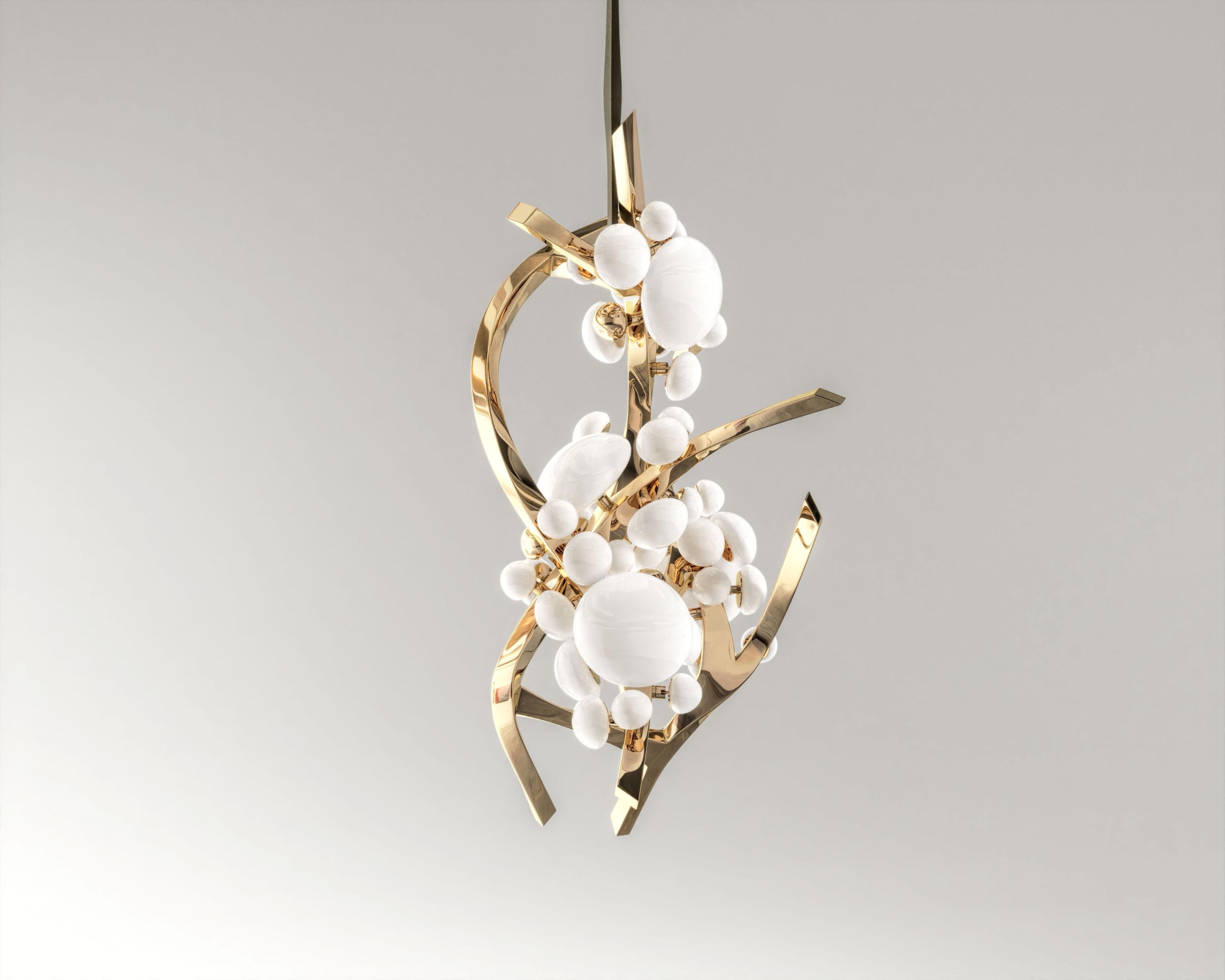Intıma Vertical Chandelier in Polished Bronze and Milky Murano Globes by Palena In New Condition For Sale In Istanbul, TR