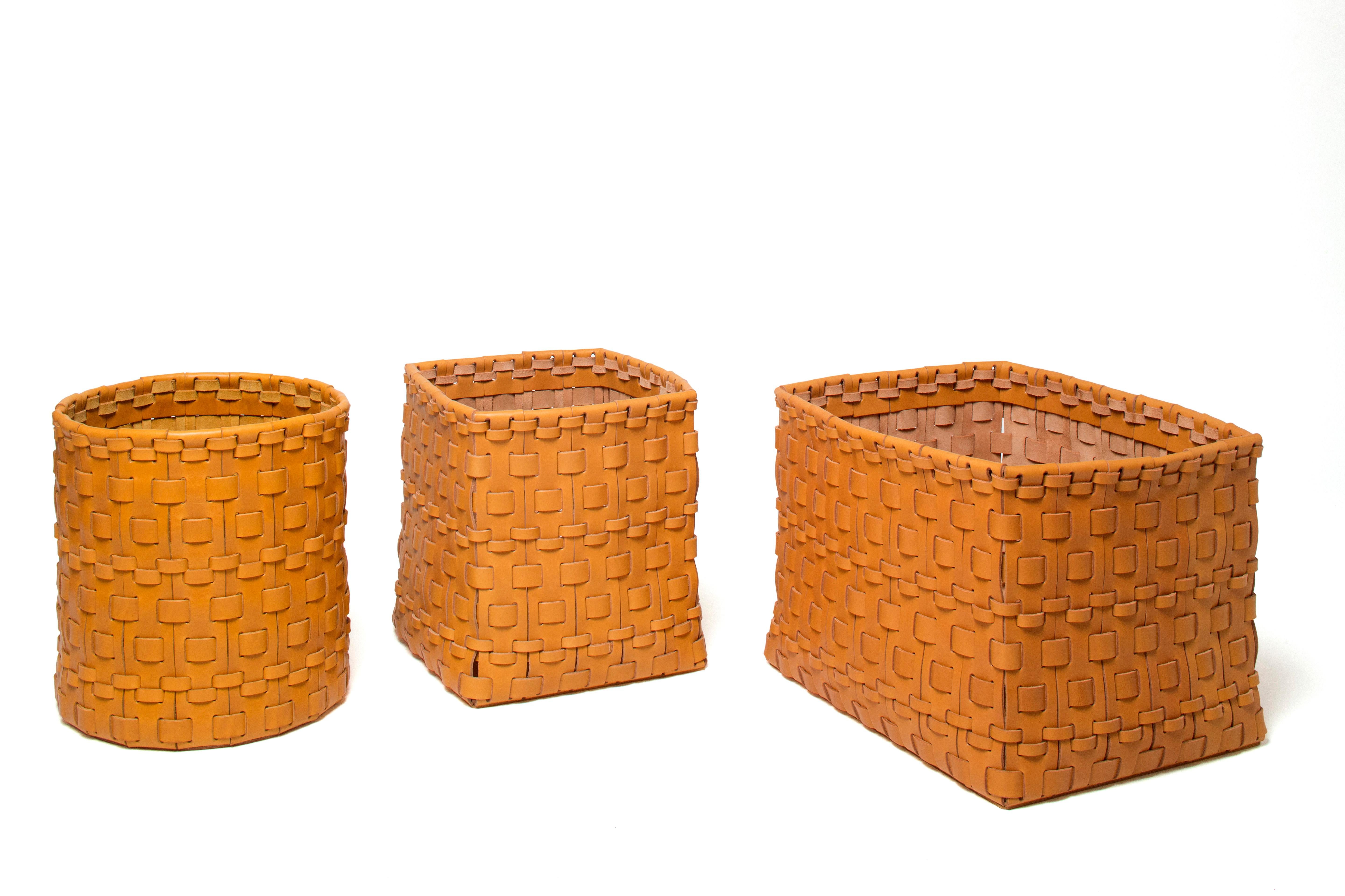 Leather Intreccio Rectangular Woven  Basket Designed by Oscar Maschera For Sale