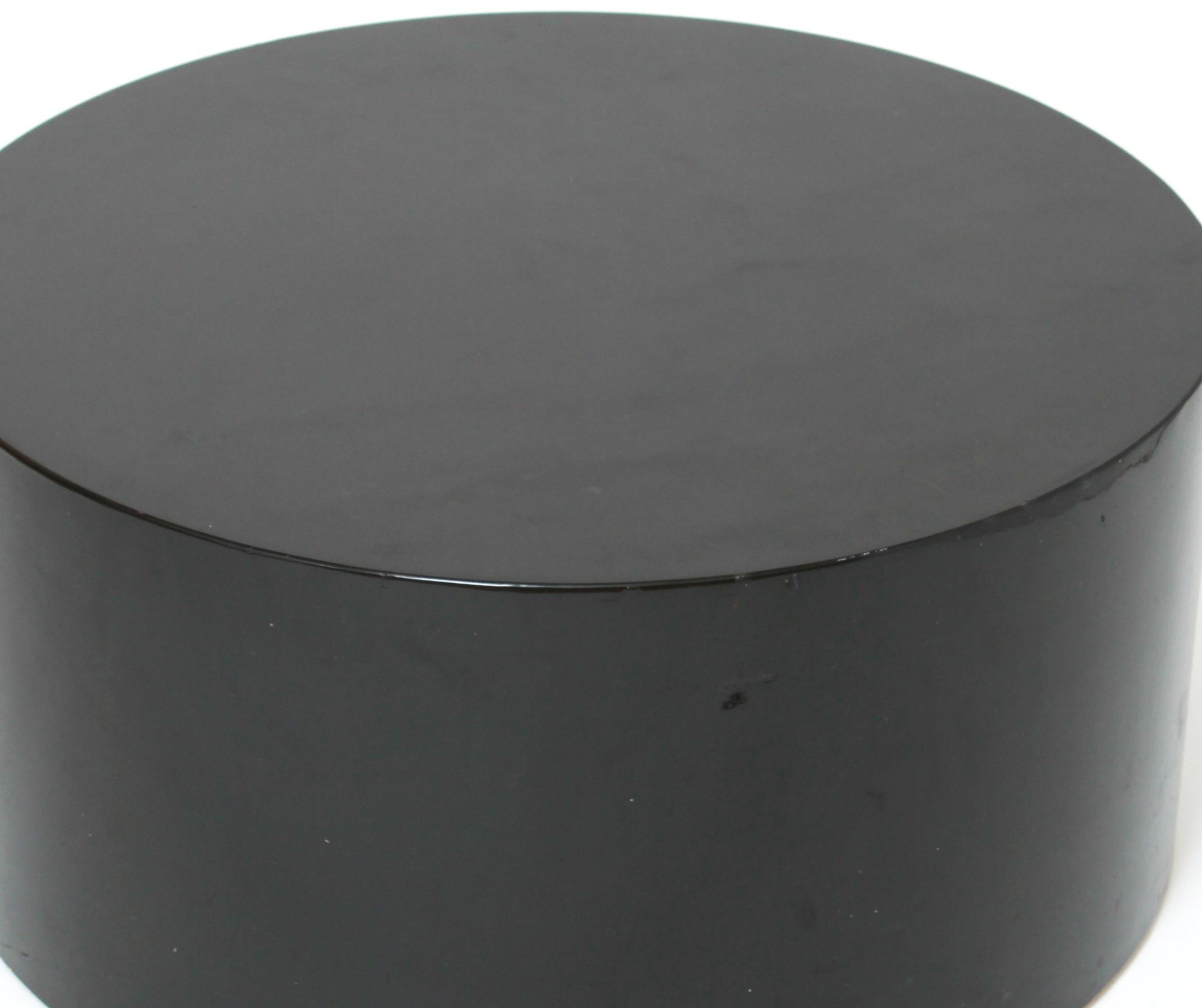 Intrex habitat modern black enameled wood round low table or pedestal with a maker's label on the underside. Measures: 15.25